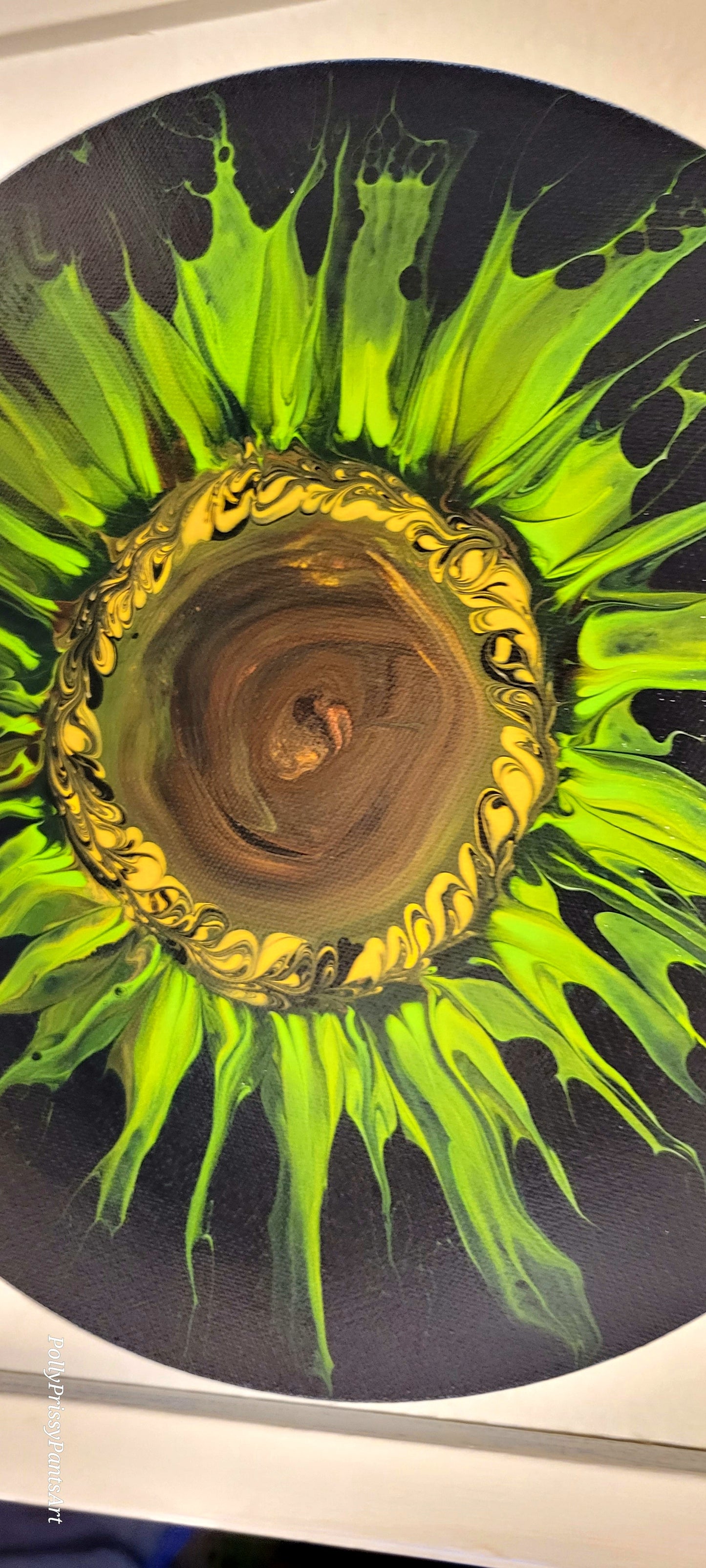 Original Fluid Art Abstract Sunflower Painting 14x14 inch round on canvas
