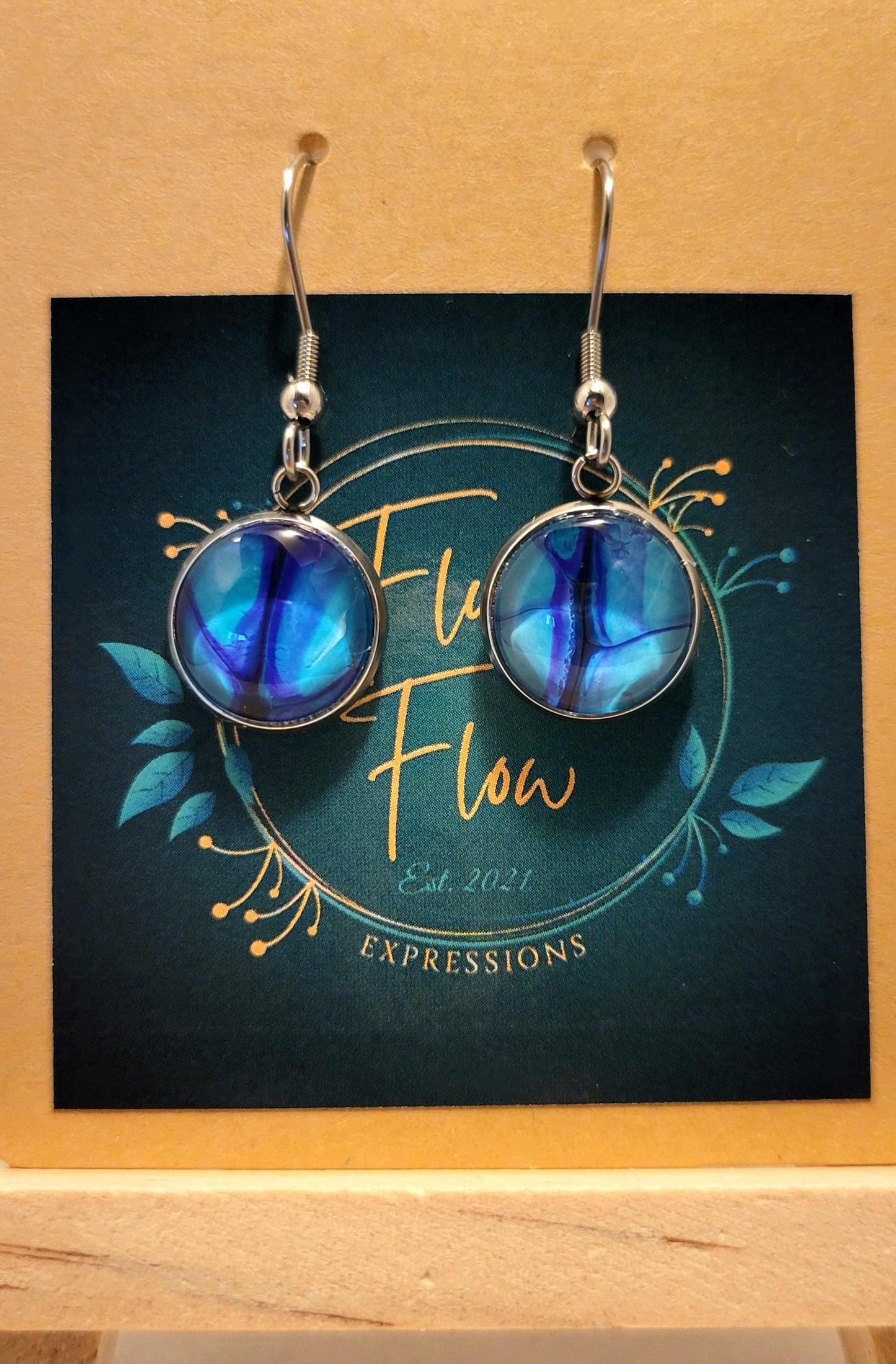 Handmade Fluid Art Silver Stainless Steel Hook Earrings