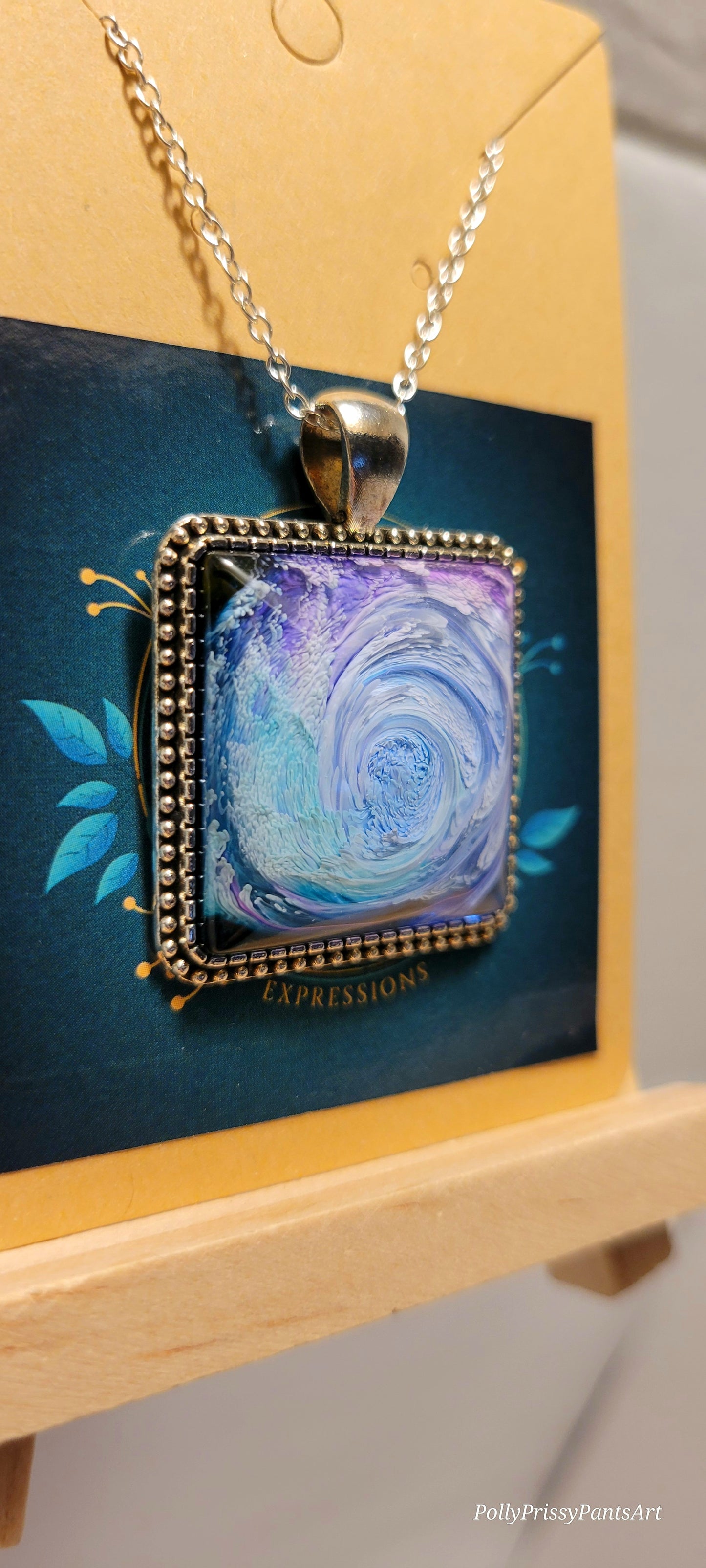 Handmade Resin Art Square Pendant with 18 inch silver plated necklace chain.