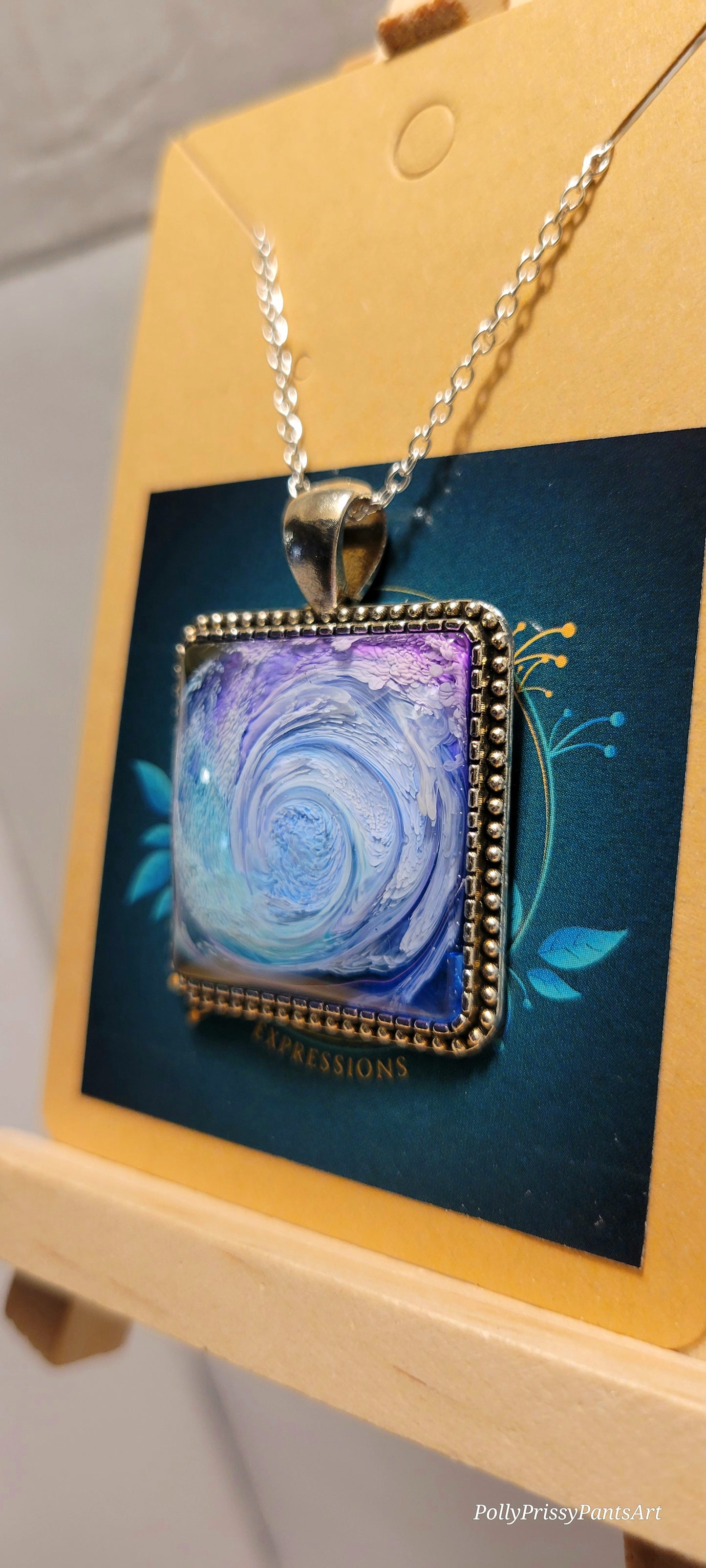 Handmade Resin Art Square Pendant with 18 inch silver plated necklace chain.