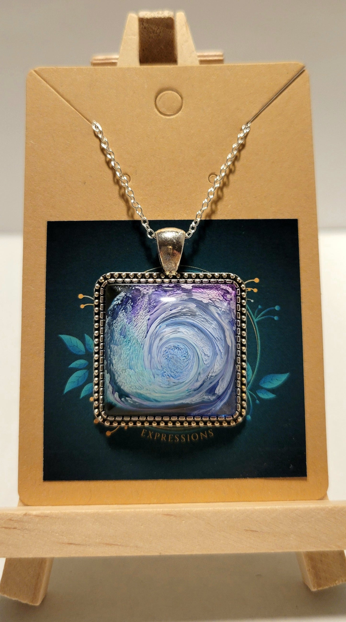 Handmade Resin Art Square Pendant with 18 inch silver plated necklace chain.