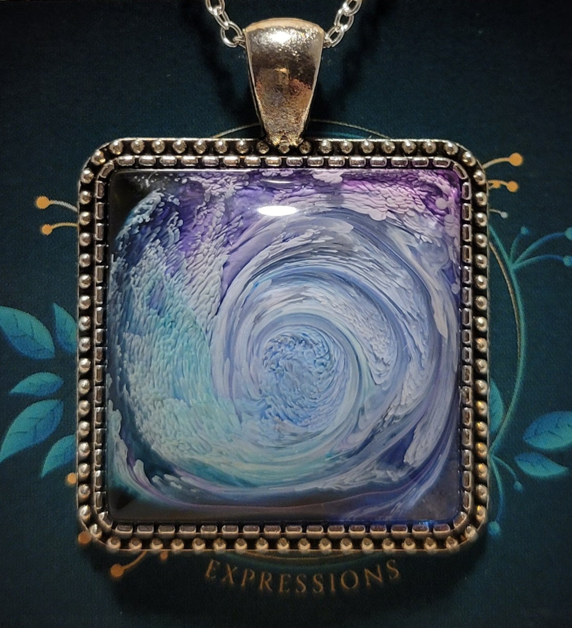 Handmade Resin Art Square Pendant with 18 inch silver plated necklace chain.