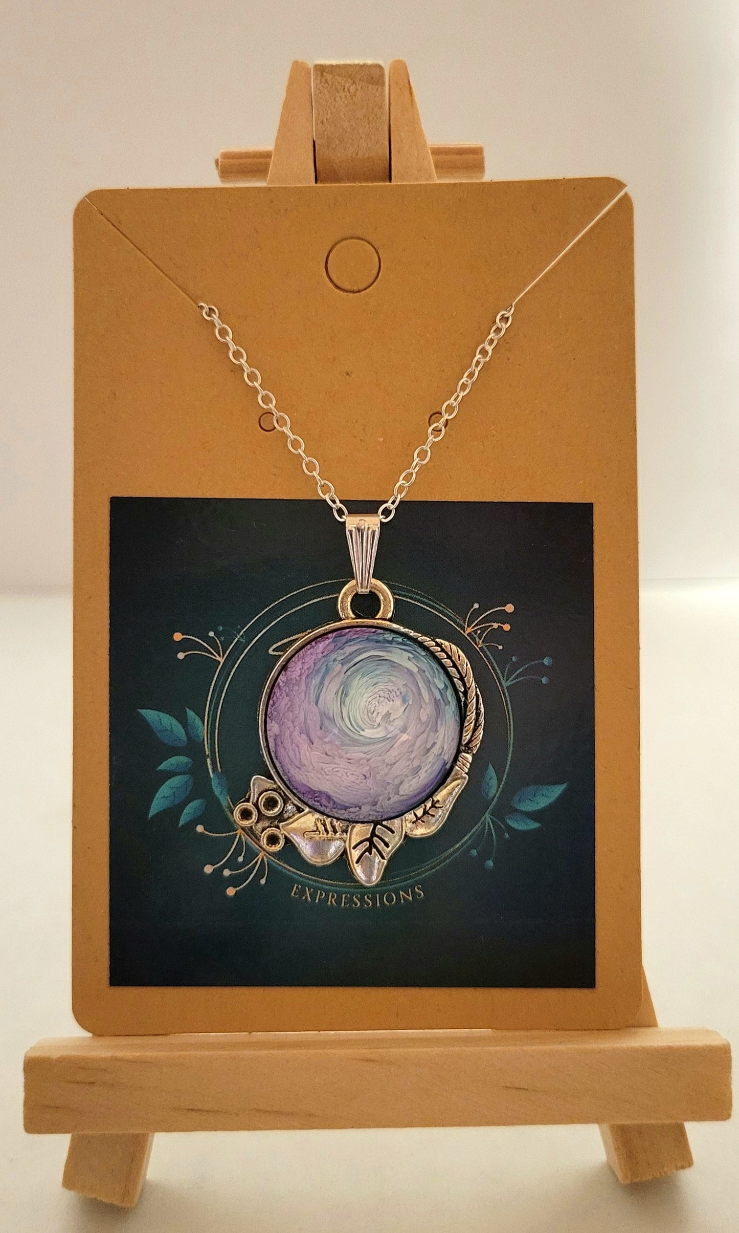 Handmade Resin Art Pendant with 18 inch silver plated necklace chain.