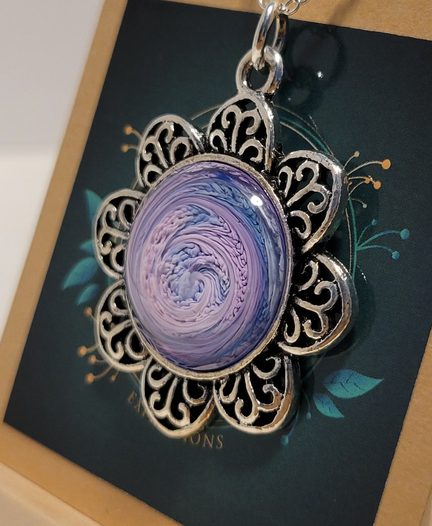 Handmade Resin Art Flower Pendant with 18" inch silver plated necklace chain.