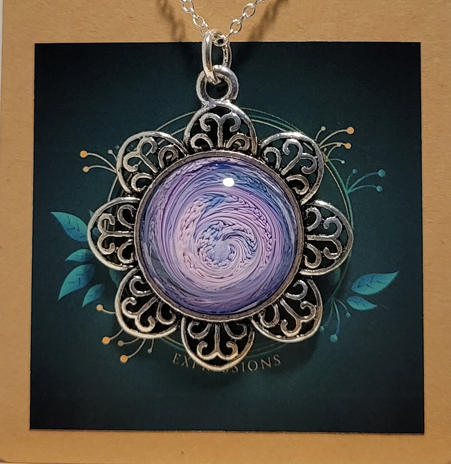 Handmade Resin Art Flower Pendant with 18" inch silver plated necklace chain.