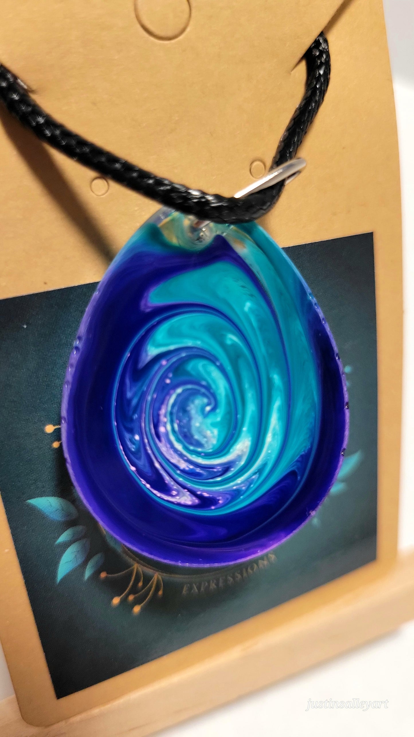 Handmade Resin Art 30x35mm Teardrop Pendant with 24" inch black leather rope chain