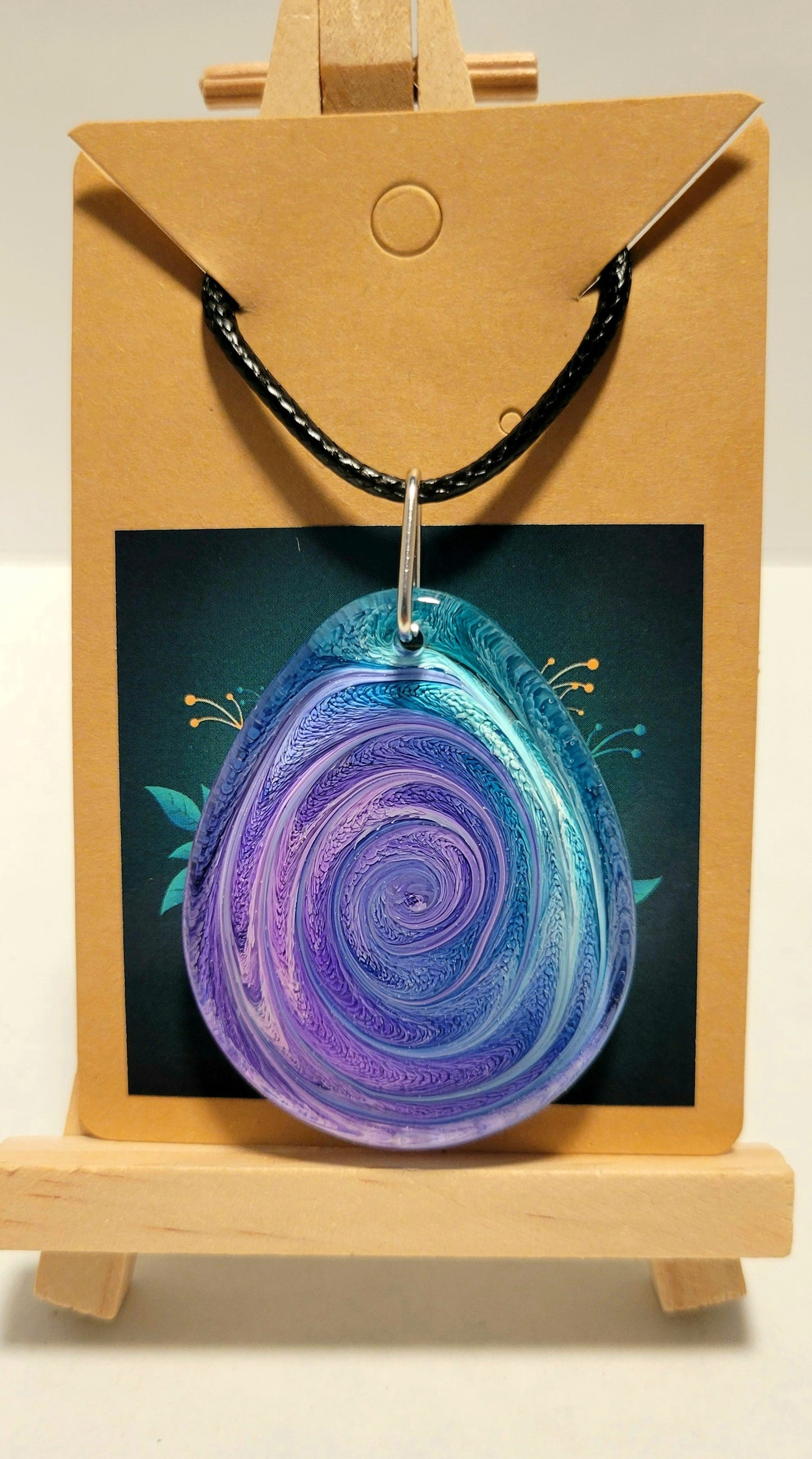 Handmade Resin Art 30x35mm Teardrop Pendant with 24" inch black leather rope chain