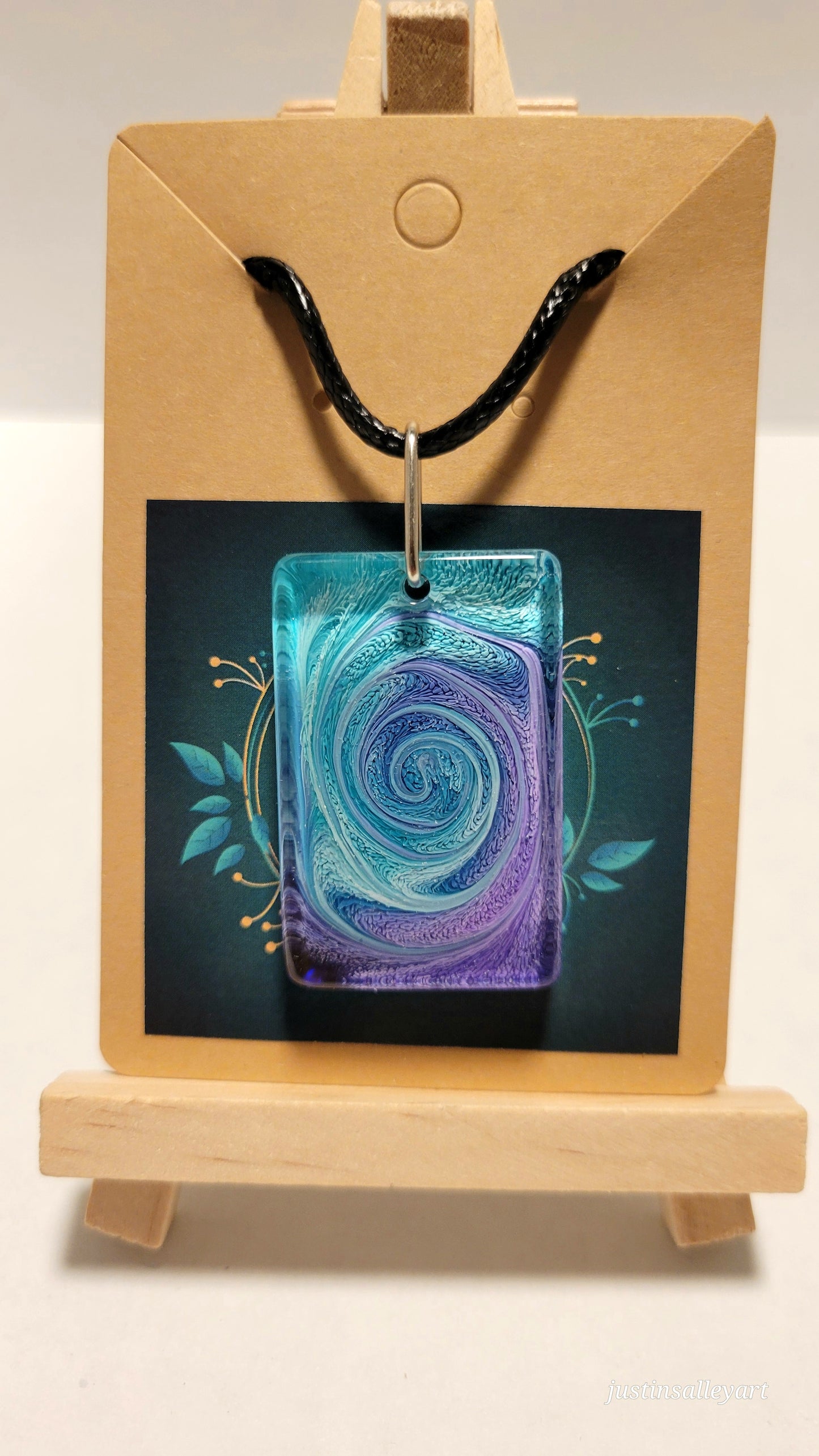 Handmade Resin Art 25x35mm Rectangle Pendant with 24" inch black leather rope chain