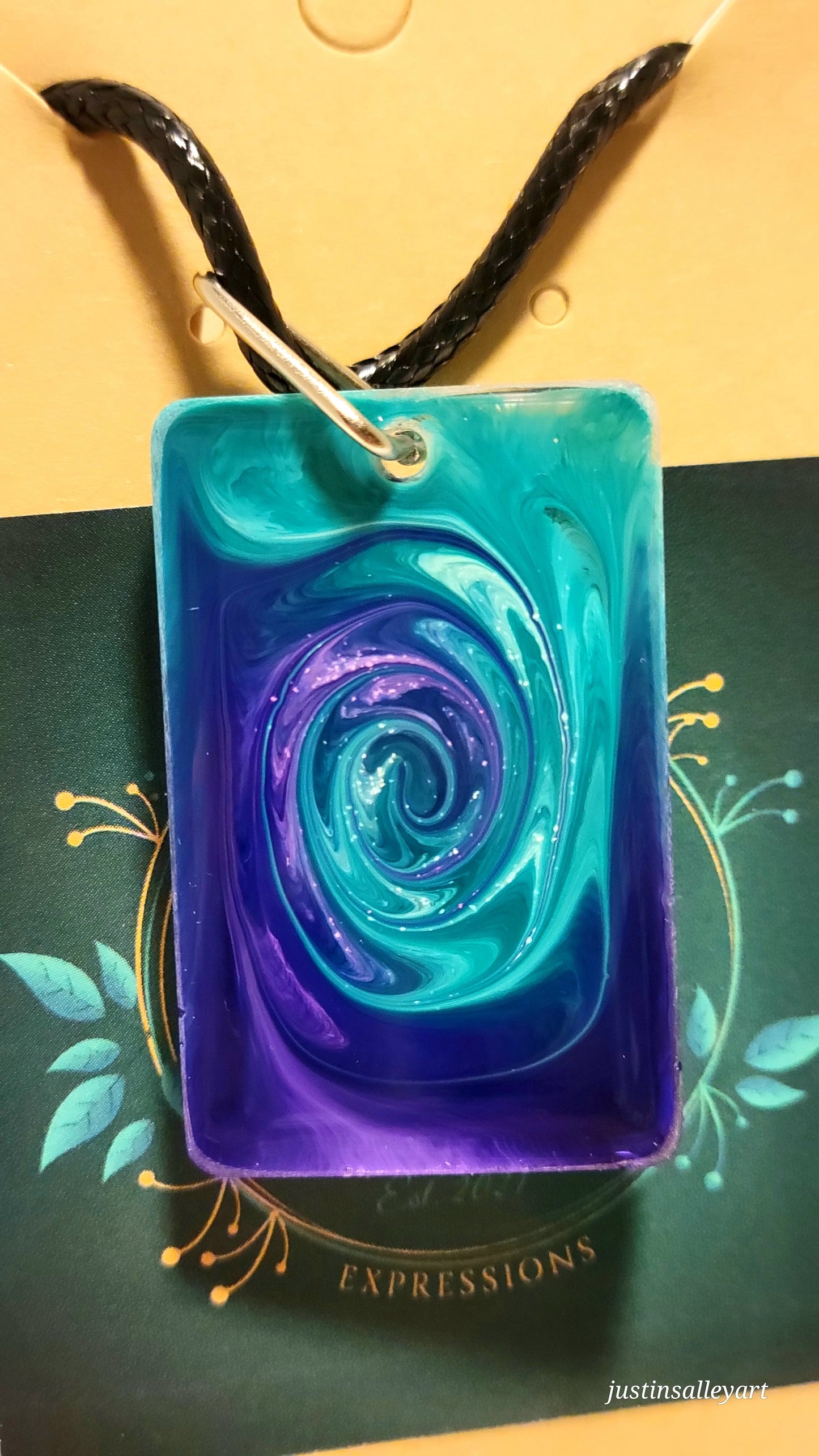 Handmade Resin Art 25x35mm Rectangle Pendant with 24" inch black leather rope chain