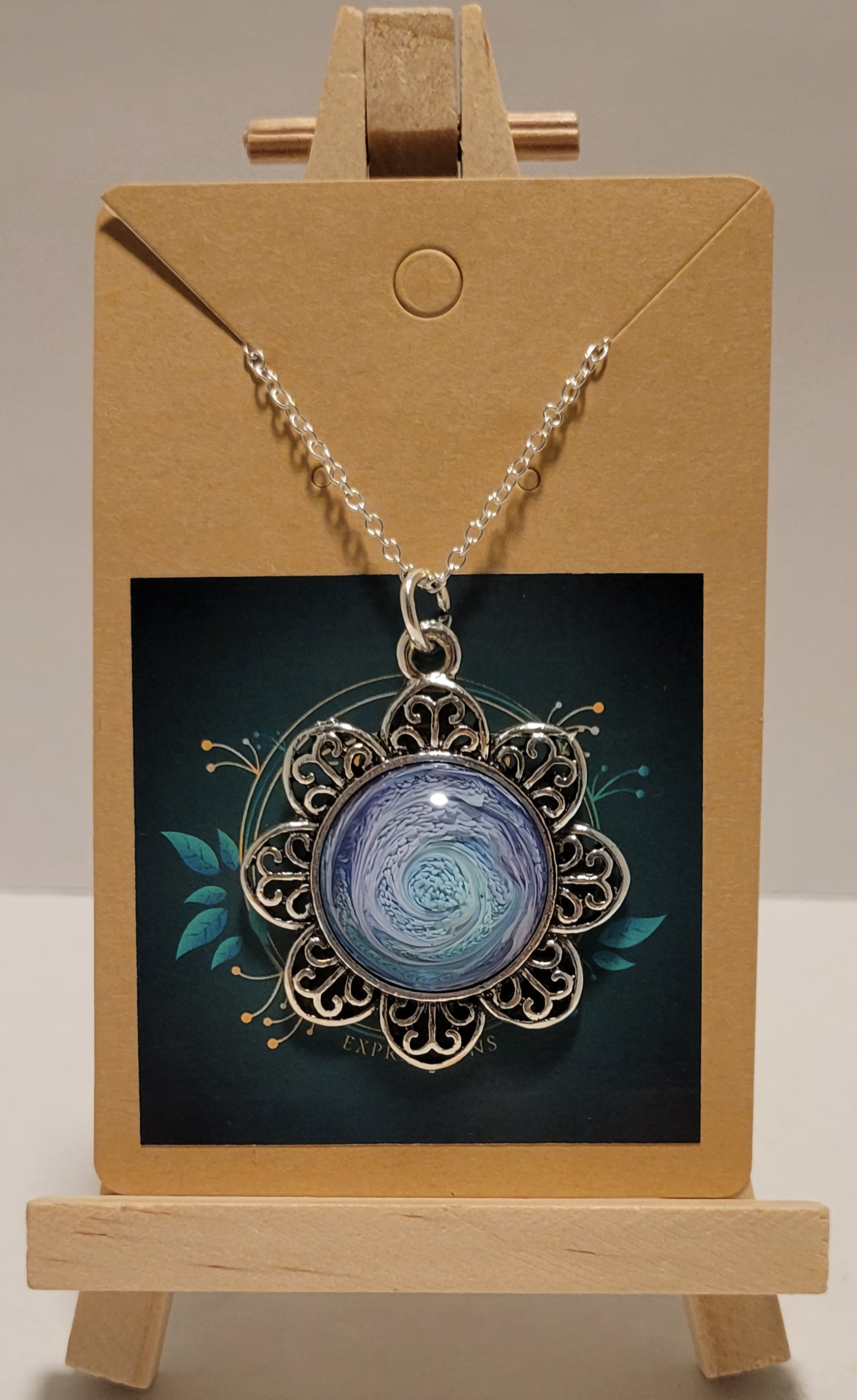 Handmade Resin Art Flower Pendant with 18" inch silver plated necklace chain.