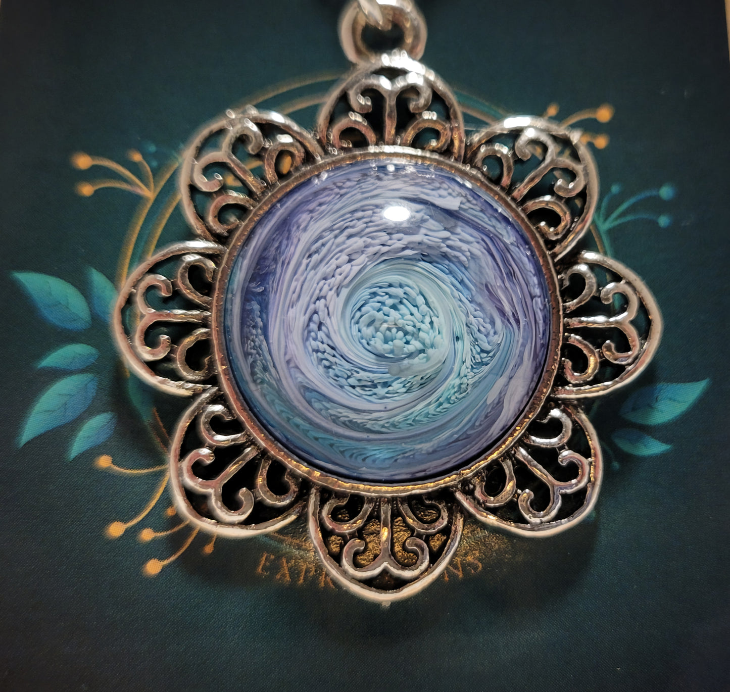 Handmade Resin Art Flower Pendant with 18" inch silver plated necklace chain.