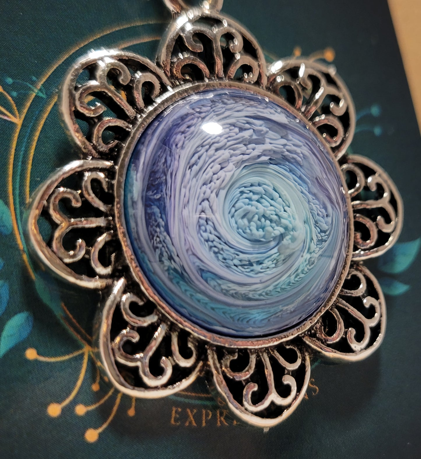 Handmade Resin Art Flower Pendant with 18" inch silver plated necklace chain.