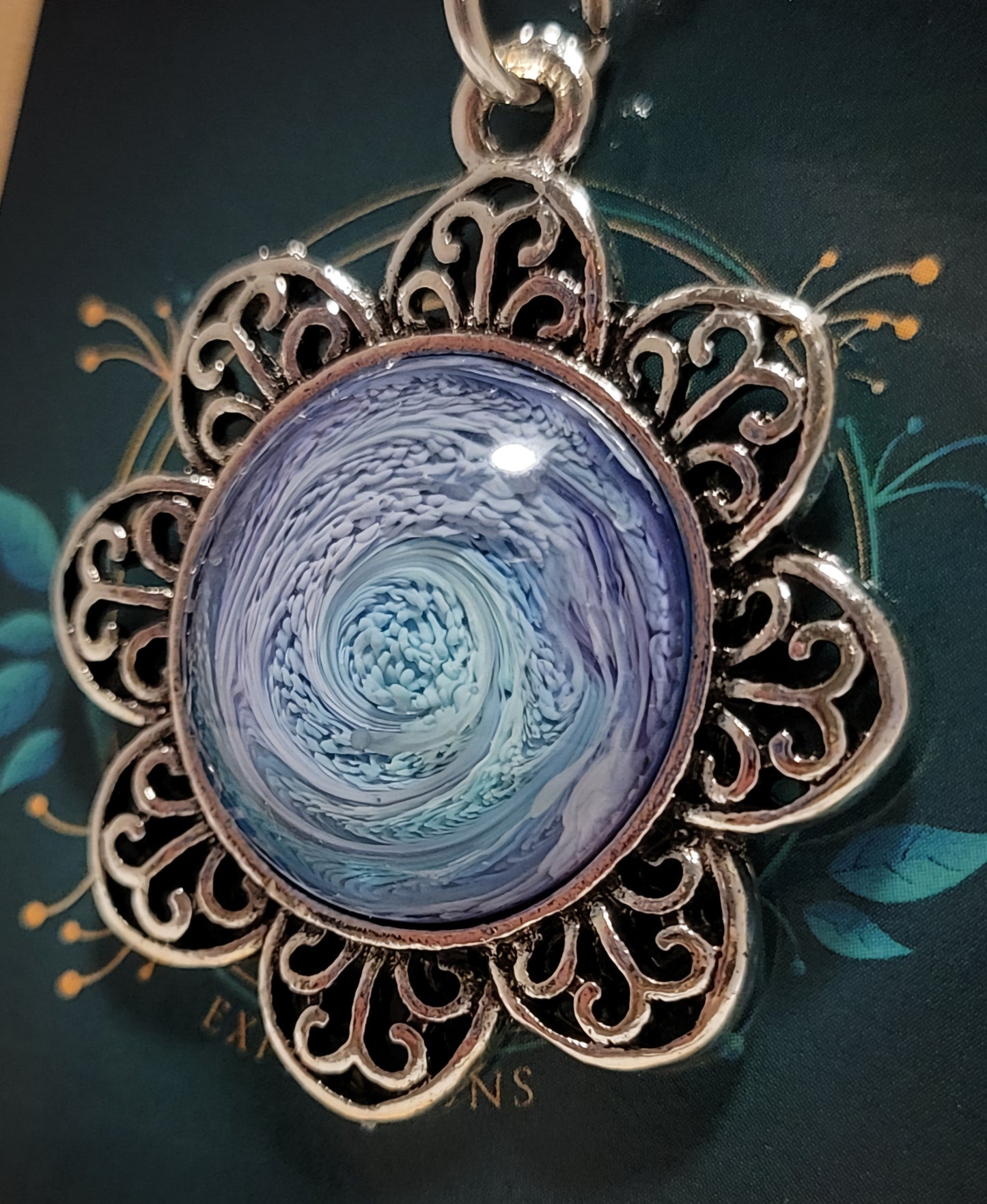Handmade Resin Art Flower Pendant with 18" inch silver plated necklace chain.