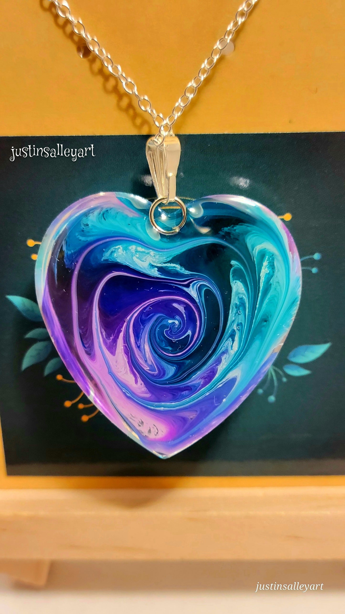 Handmade Resin Art Heart Pendant with 18" inch silver plated necklace chain.