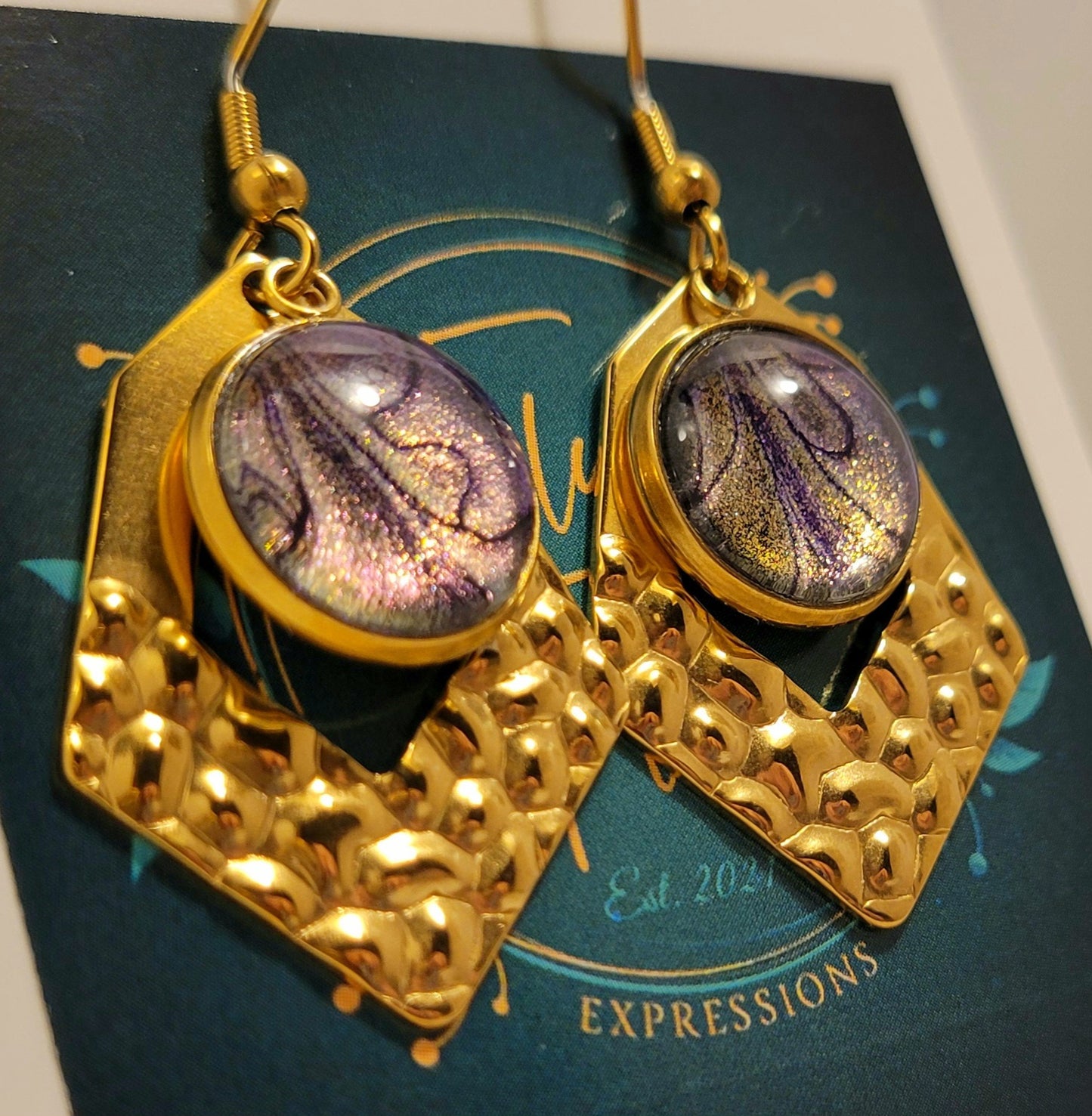 Handmade Colorshifting Gold Decorative Hook Earrings