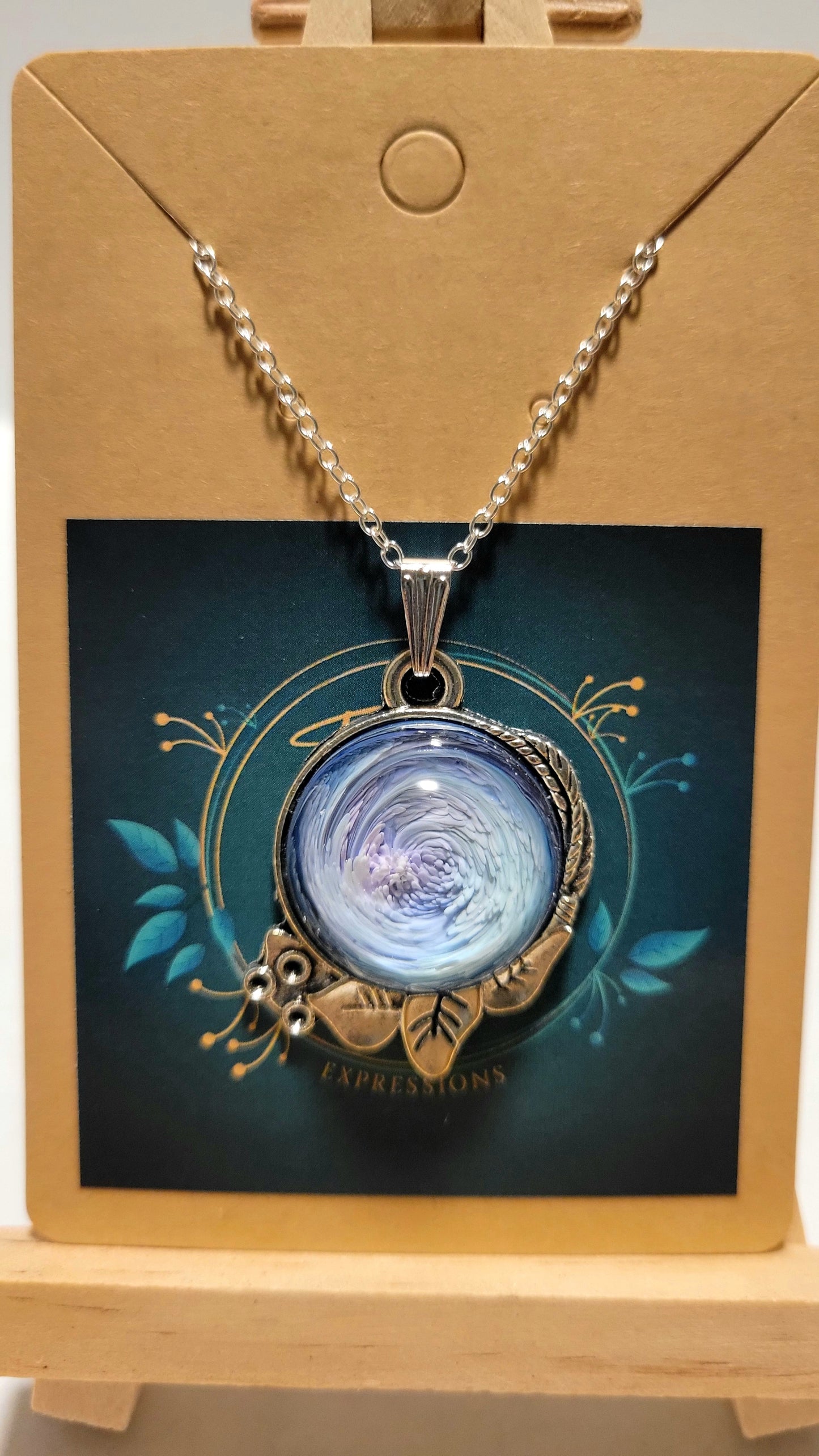 Handmade Resin Art Pendant with 18 inch silver plated necklace chain.