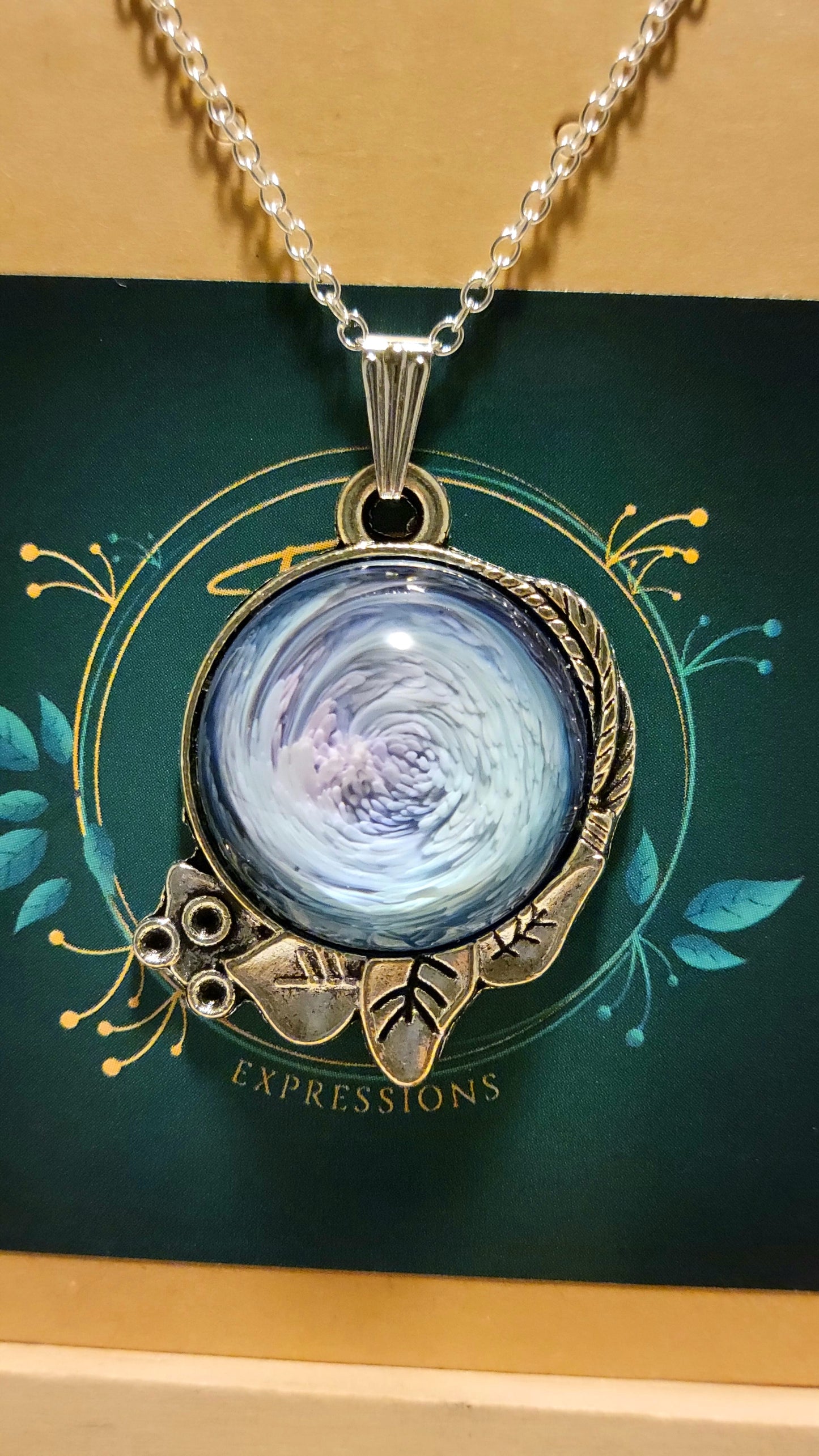 Handmade Resin Art Pendant with 18 inch silver plated necklace chain.