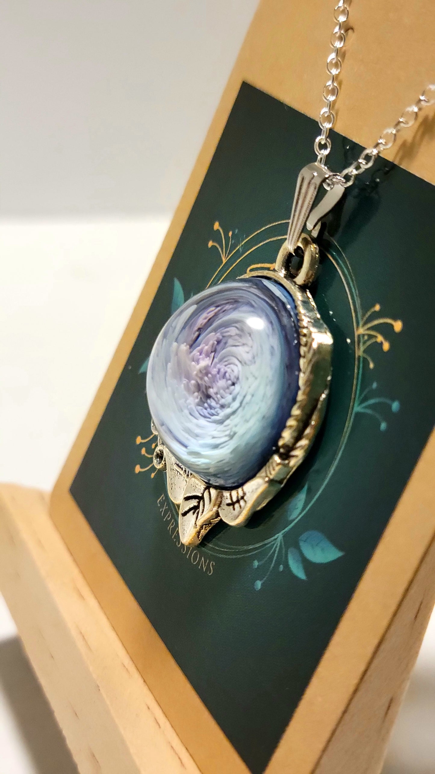 Handmade Resin Art Pendant with 18 inch silver plated necklace chain.