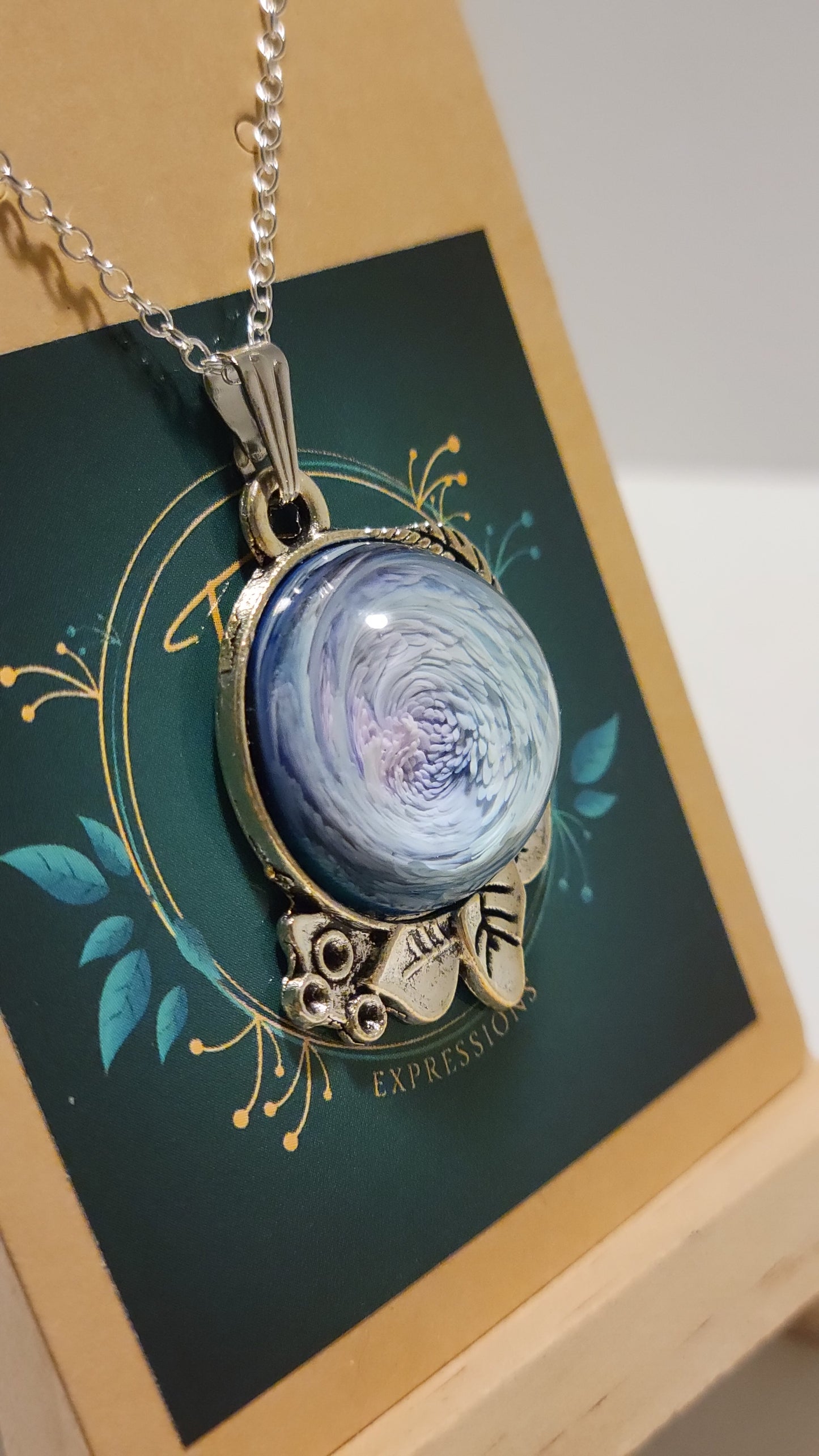 Handmade Resin Art Pendant with 18 inch silver plated necklace chain.