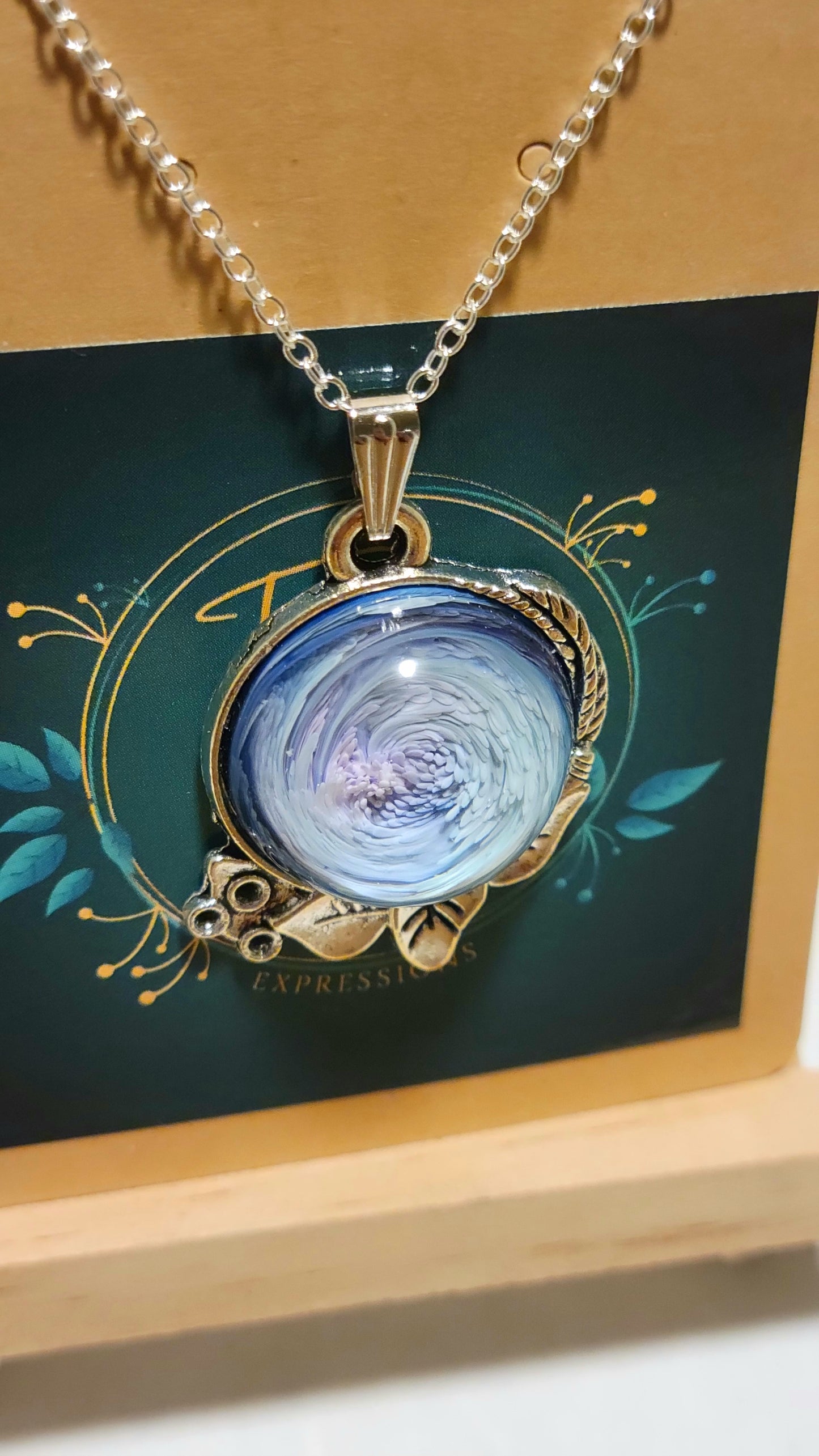 Handmade Resin Art Pendant with 18 inch silver plated necklace chain.