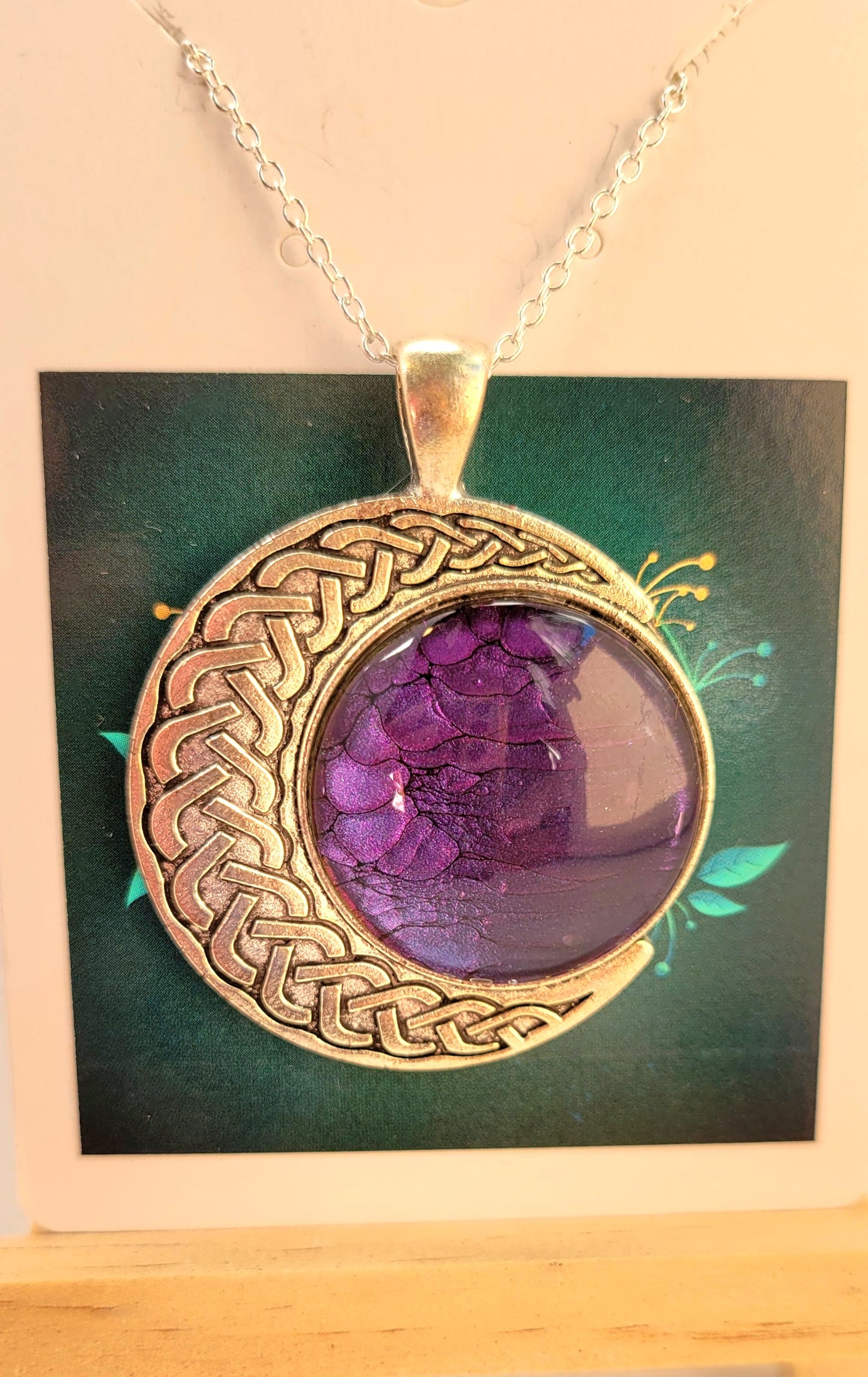 Handmade Fluid Art Colorshifting Crescent Moon Pendant with 20 inch silver plated necklace chain