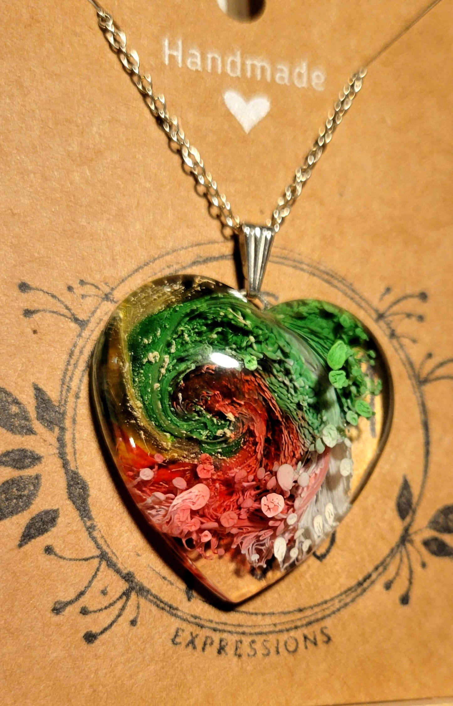 Handmade Resin Art Heart Pendant with 20 inch silver plated necklace chain