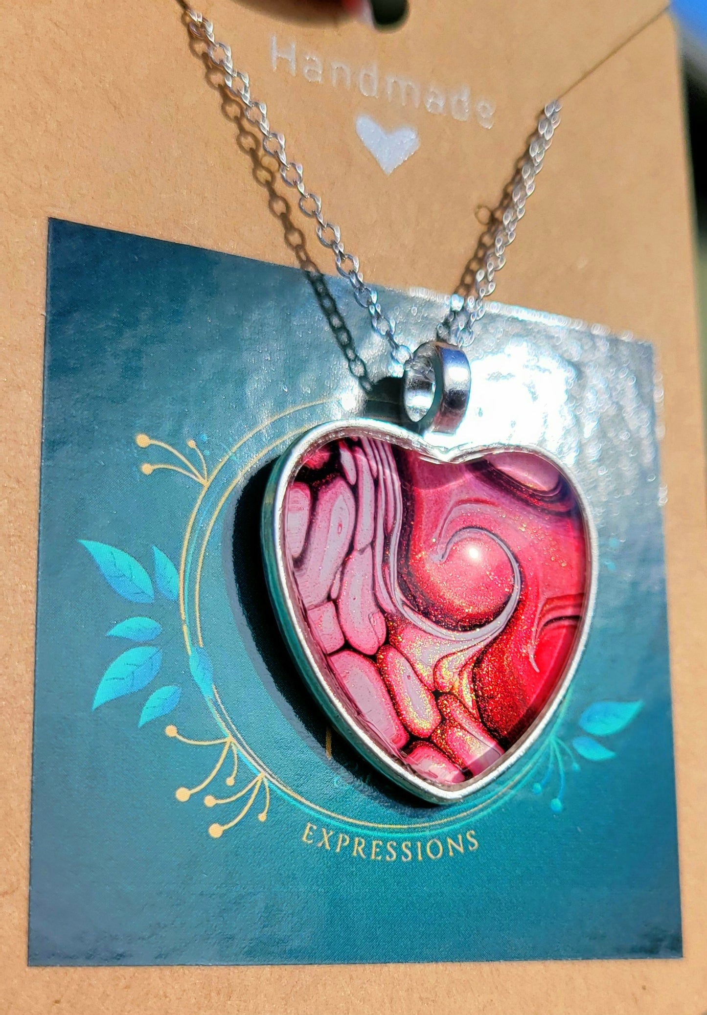 Handmade Fluid Art Heart Pendant with 20 inch Silver chain