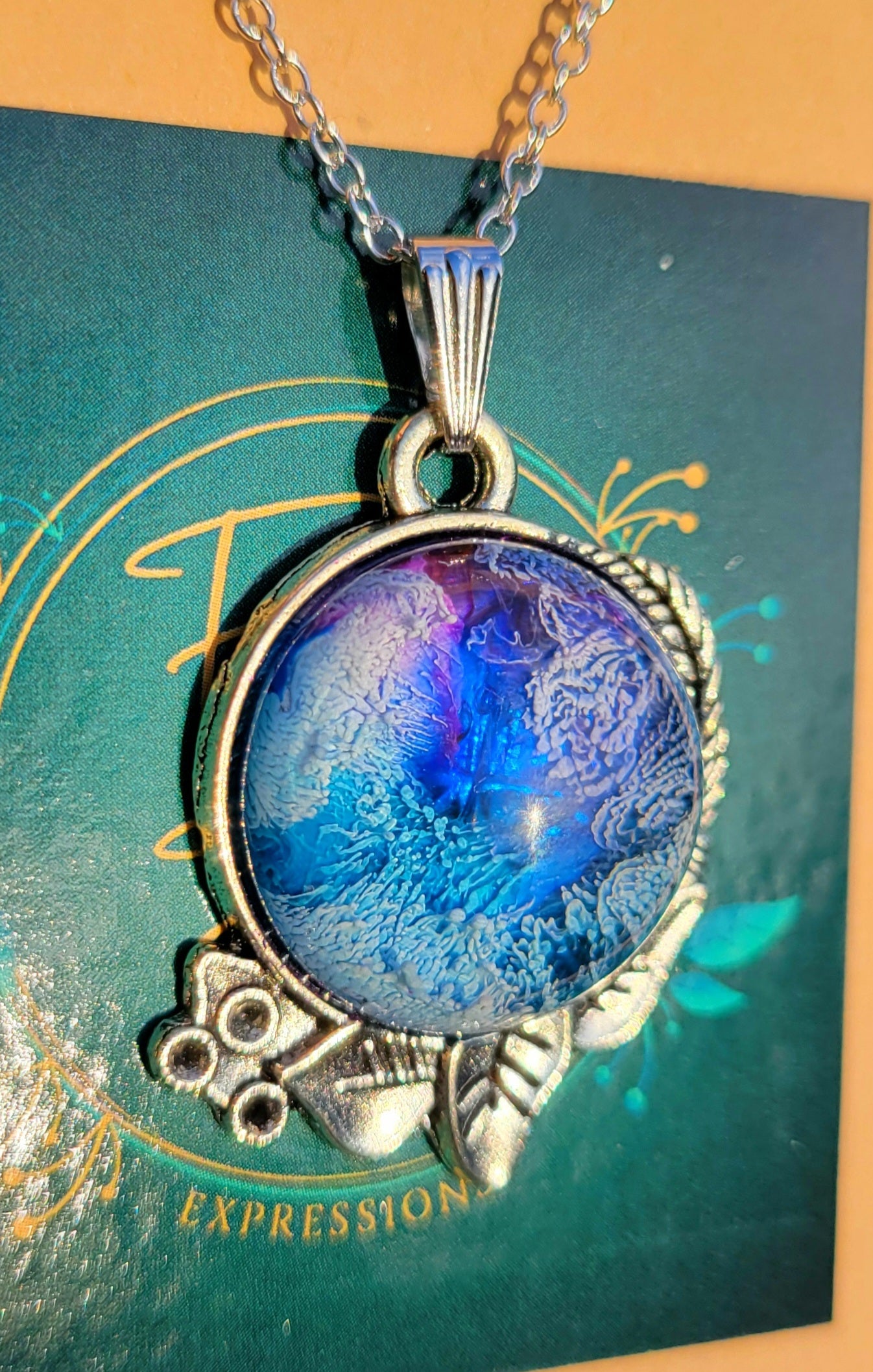 Handmade Resin Art Pendant with 18 inch silver plated necklace chain.