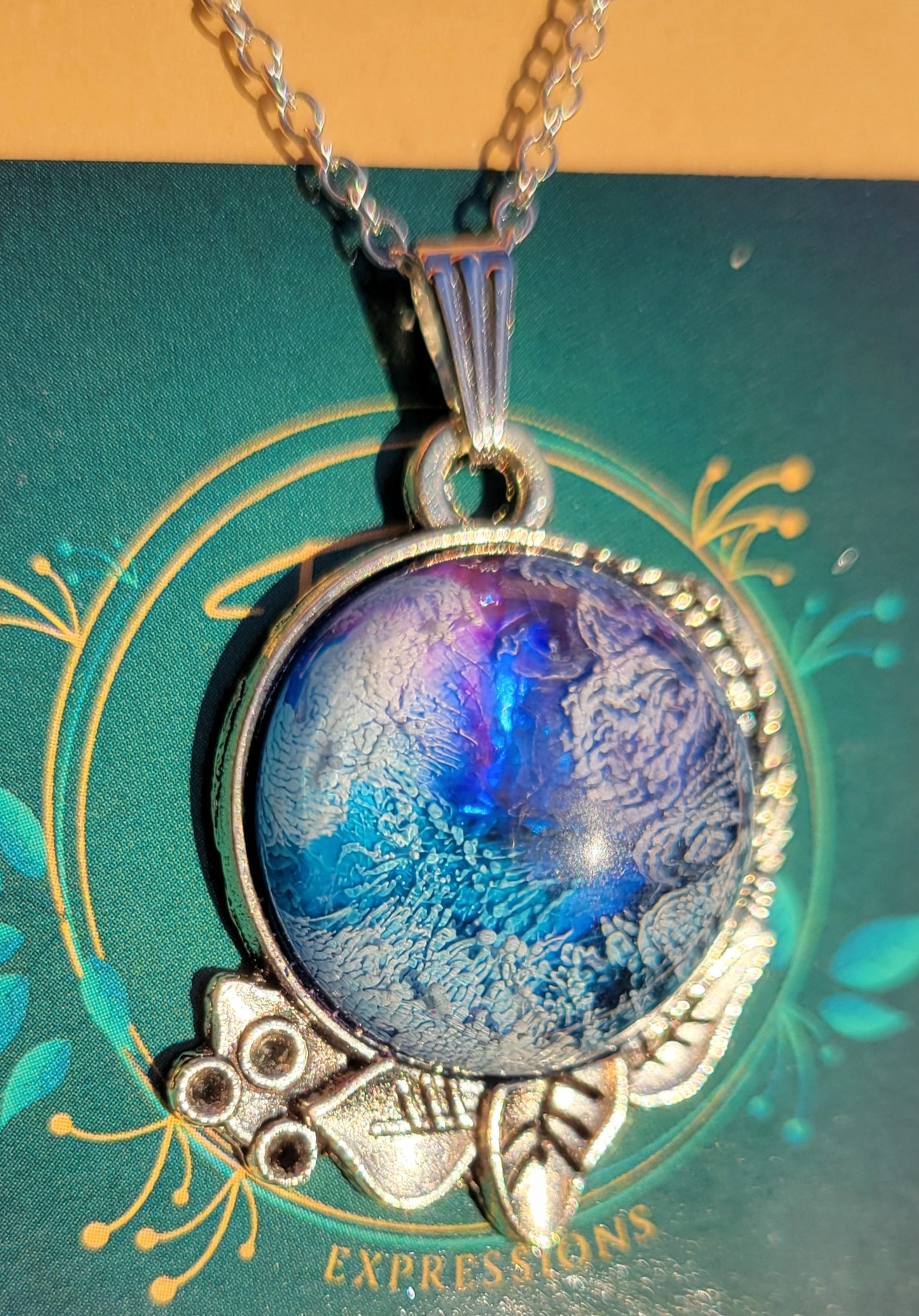 Handmade Resin Art Pendant with 18 inch silver plated necklace chain.