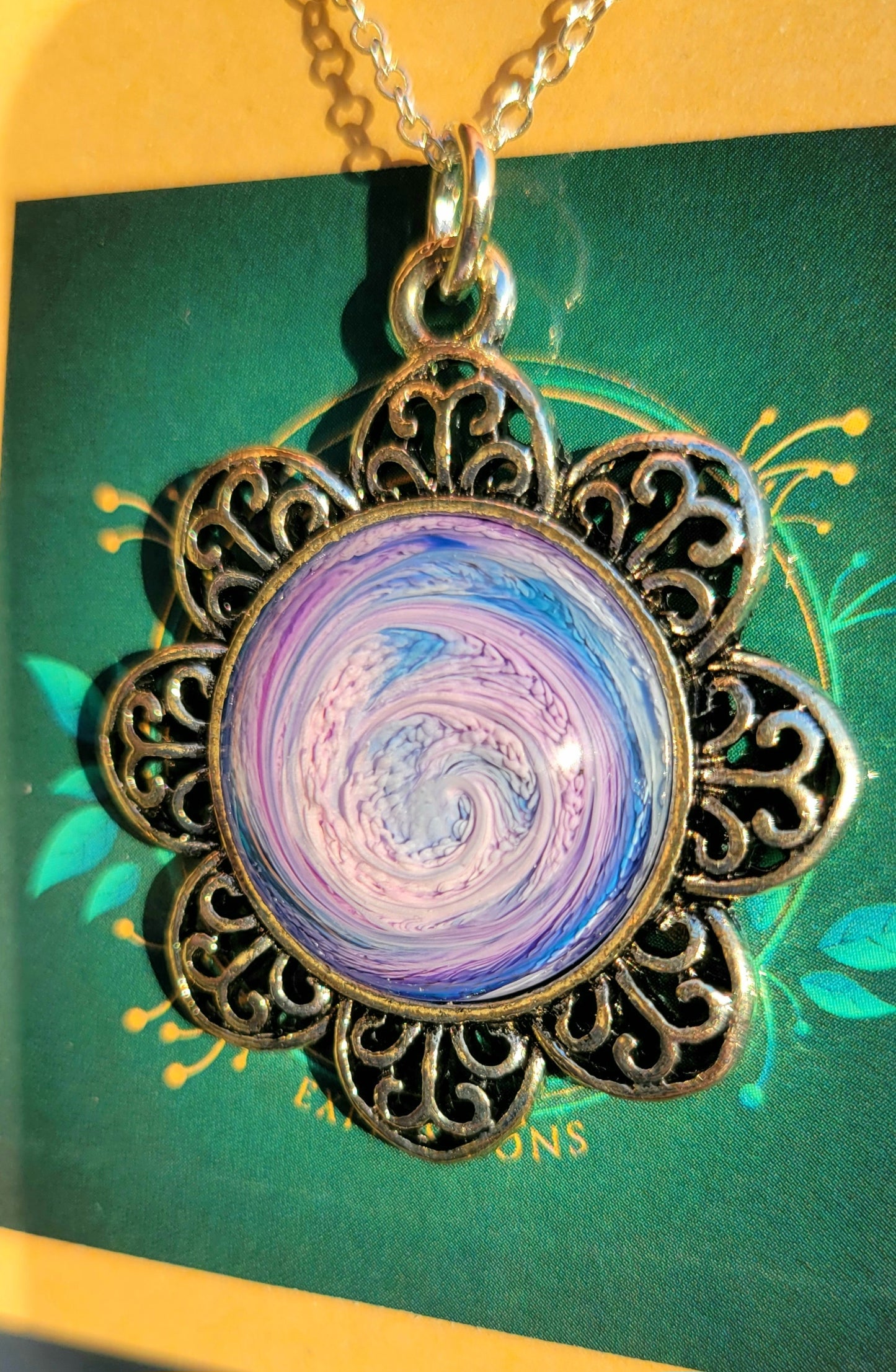 Handmade Resin Art Flower Pendant with 18" inch silver plated necklace chain.