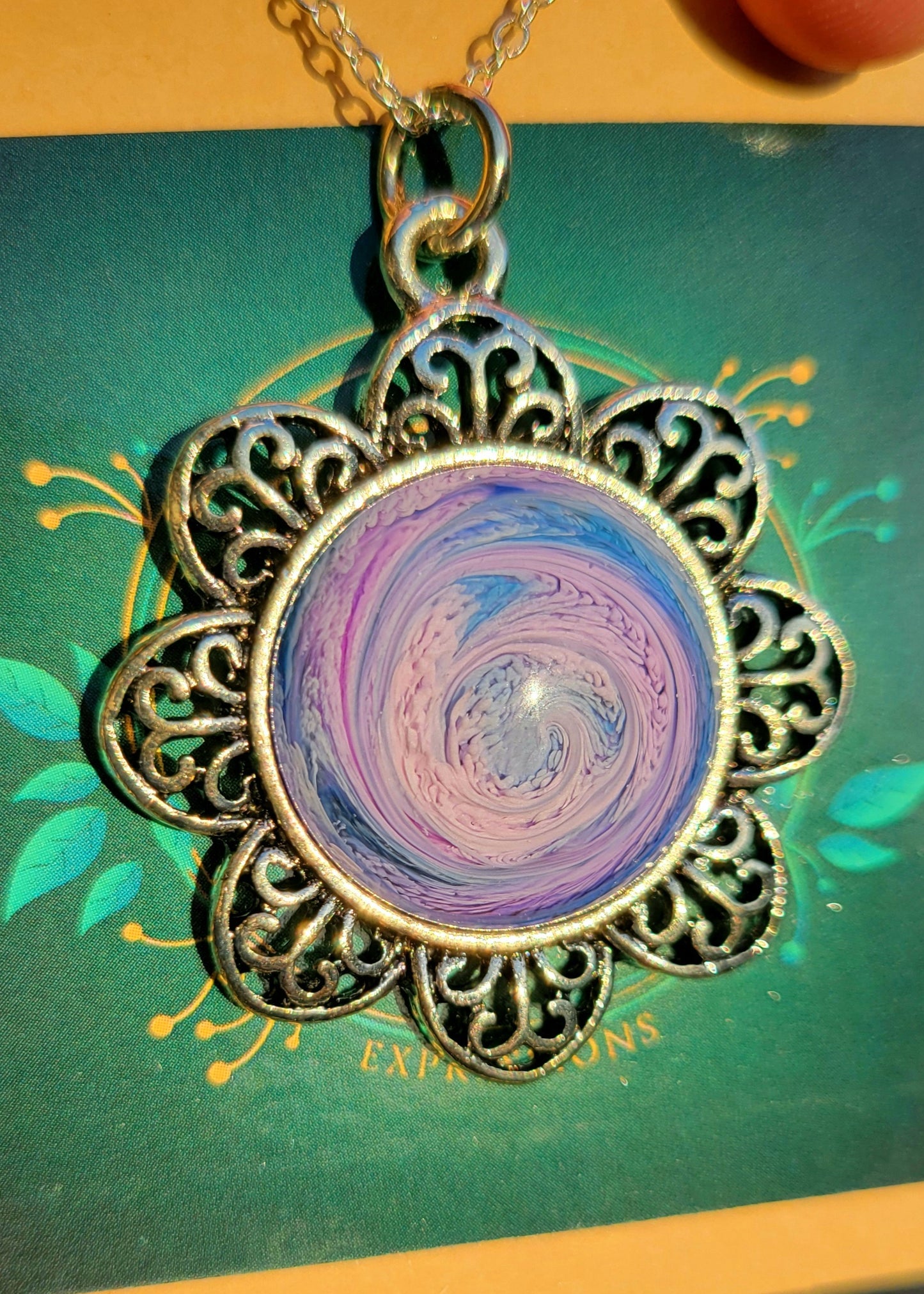 Handmade Resin Art Flower Pendant with 18" inch silver plated necklace chain.