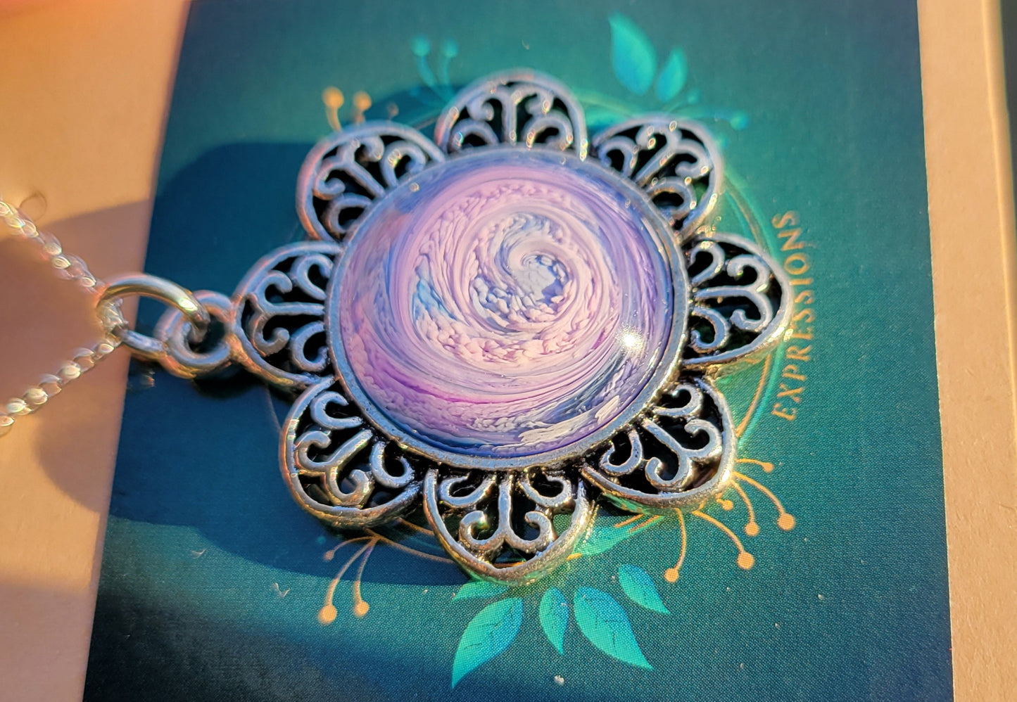 Handmade Resin Art Flower Pendant with 18" inch silver plated necklace chain.
