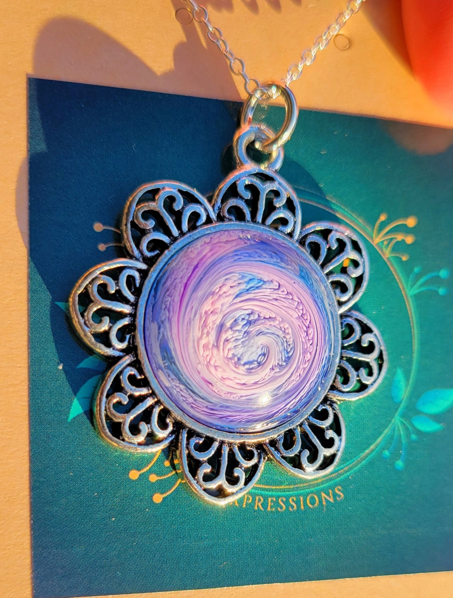 Handmade Resin Art Flower Pendant with 18" inch silver plated necklace chain.