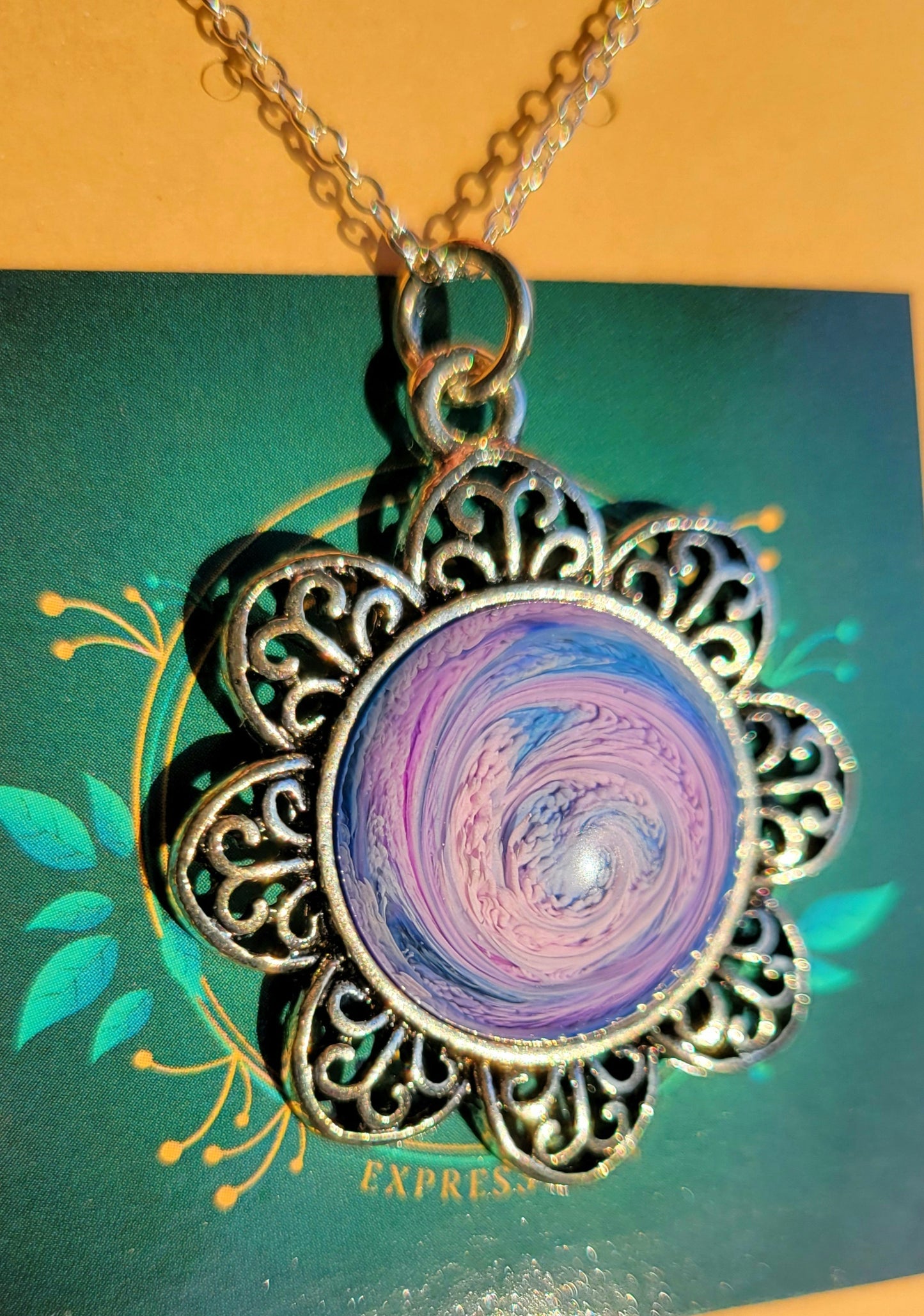 Handmade Resin Art Flower Pendant with 18" inch silver plated necklace chain.
