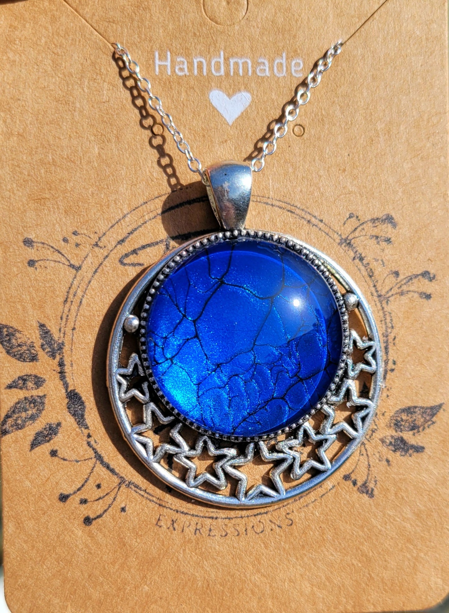 Handmade Fluid Art Pendant with stars and 20 inch silver plated necklace chain