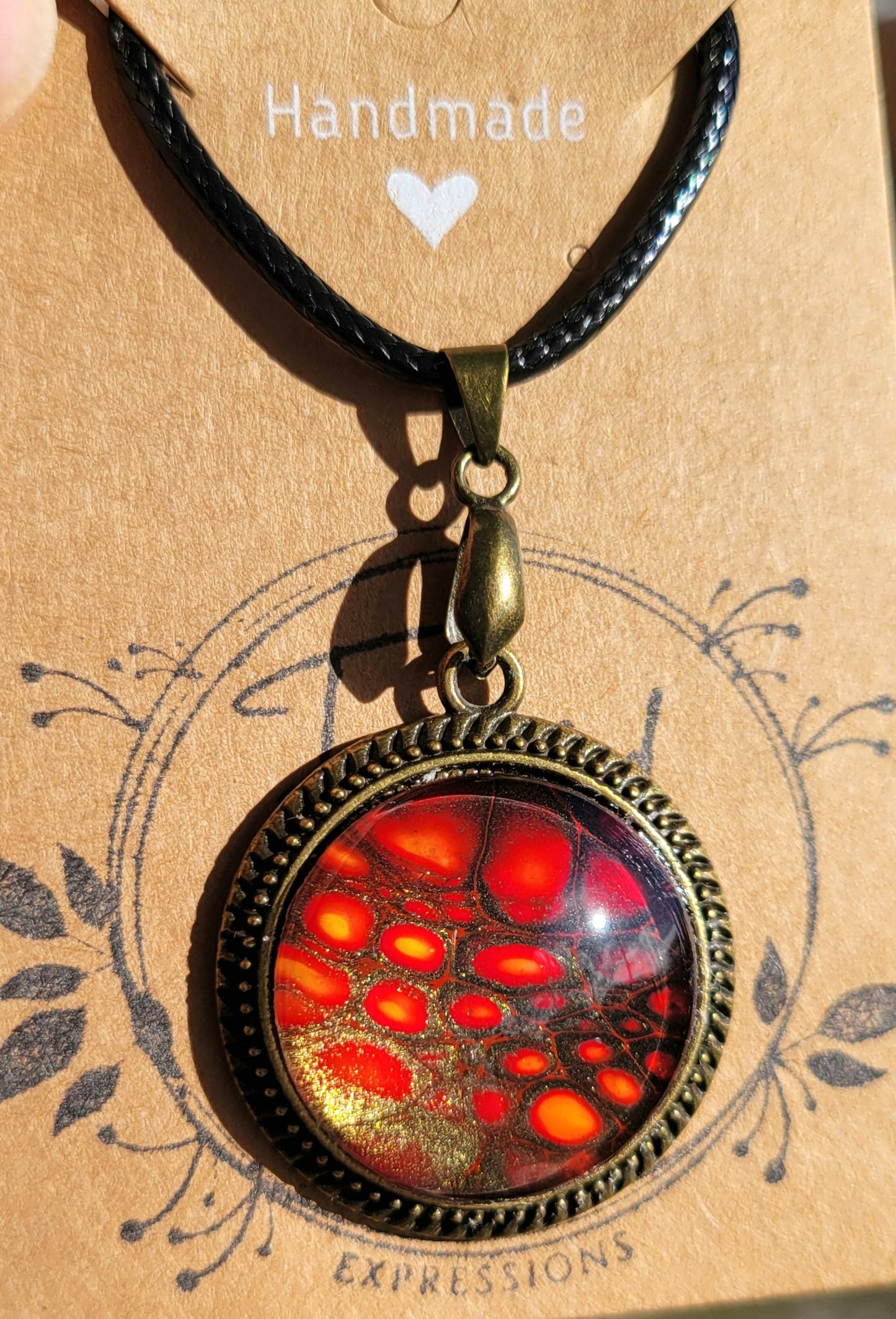 Handmade Fluid Art Bronze Pendant with Wax Leather Rope Necklace