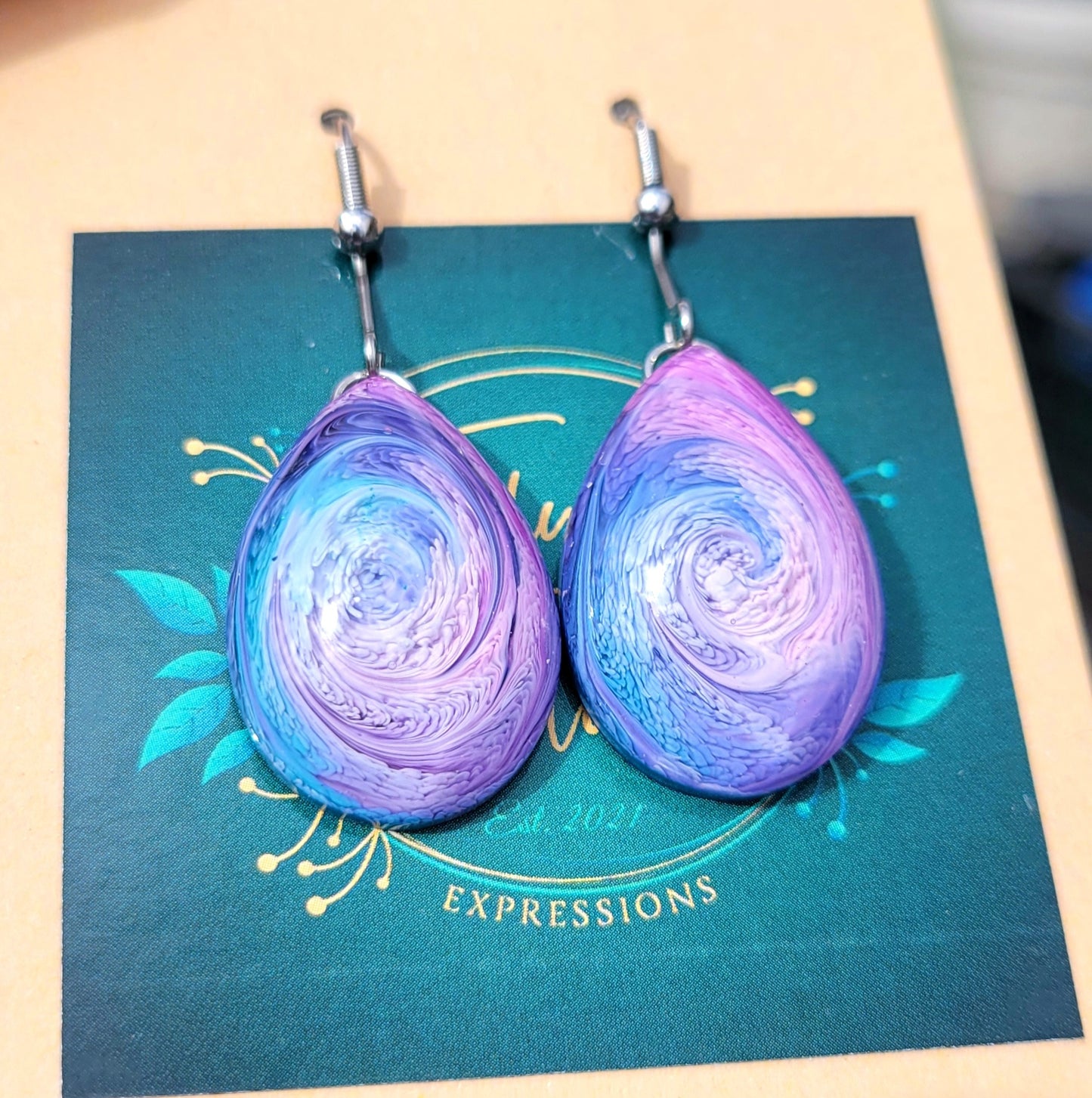 Handmade Resin Art Teardrop Stainless Steel Hook Earrings