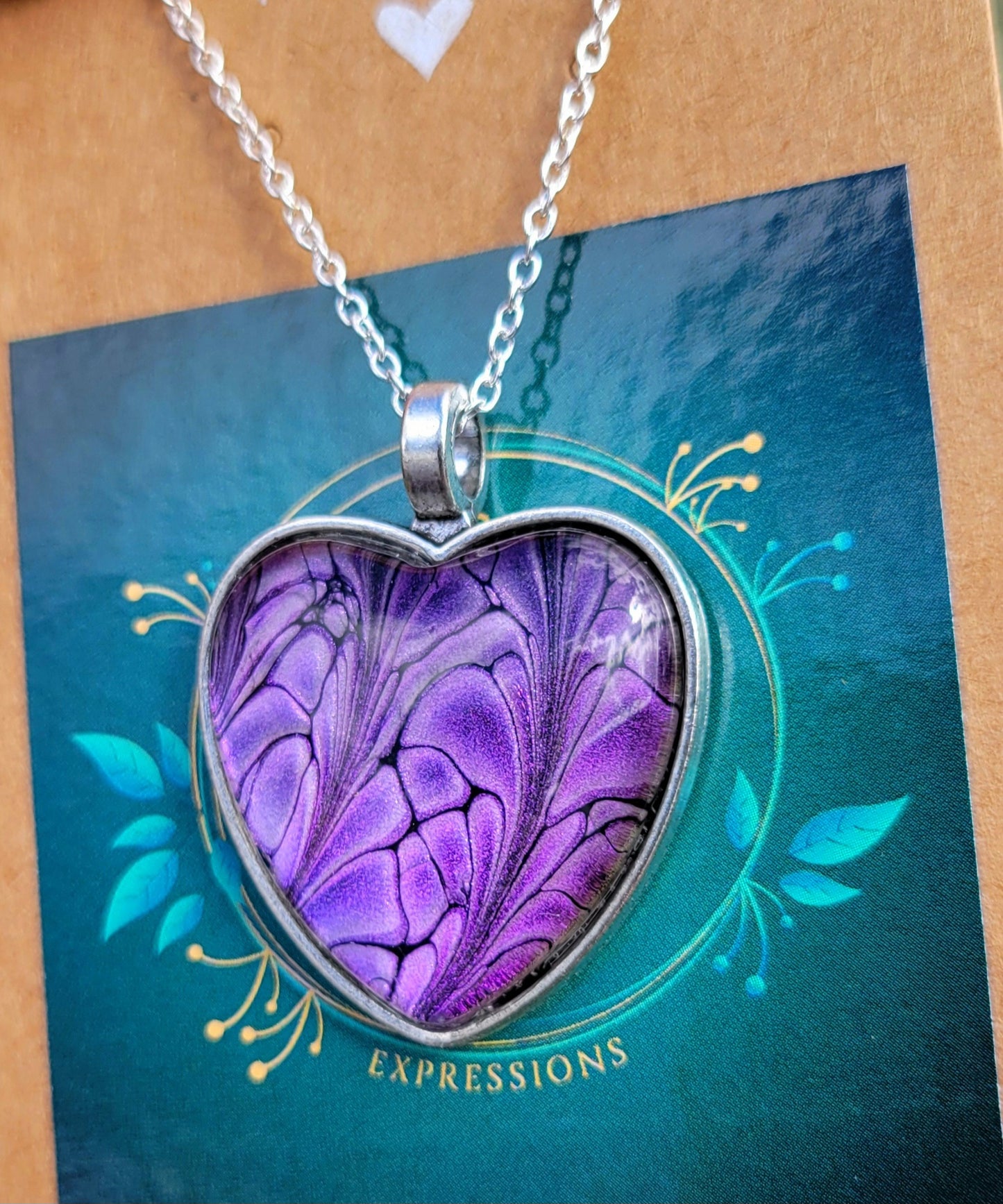 Handmade Fluid Art Colorshifting Heart Pendant with Silver Plated Necklace