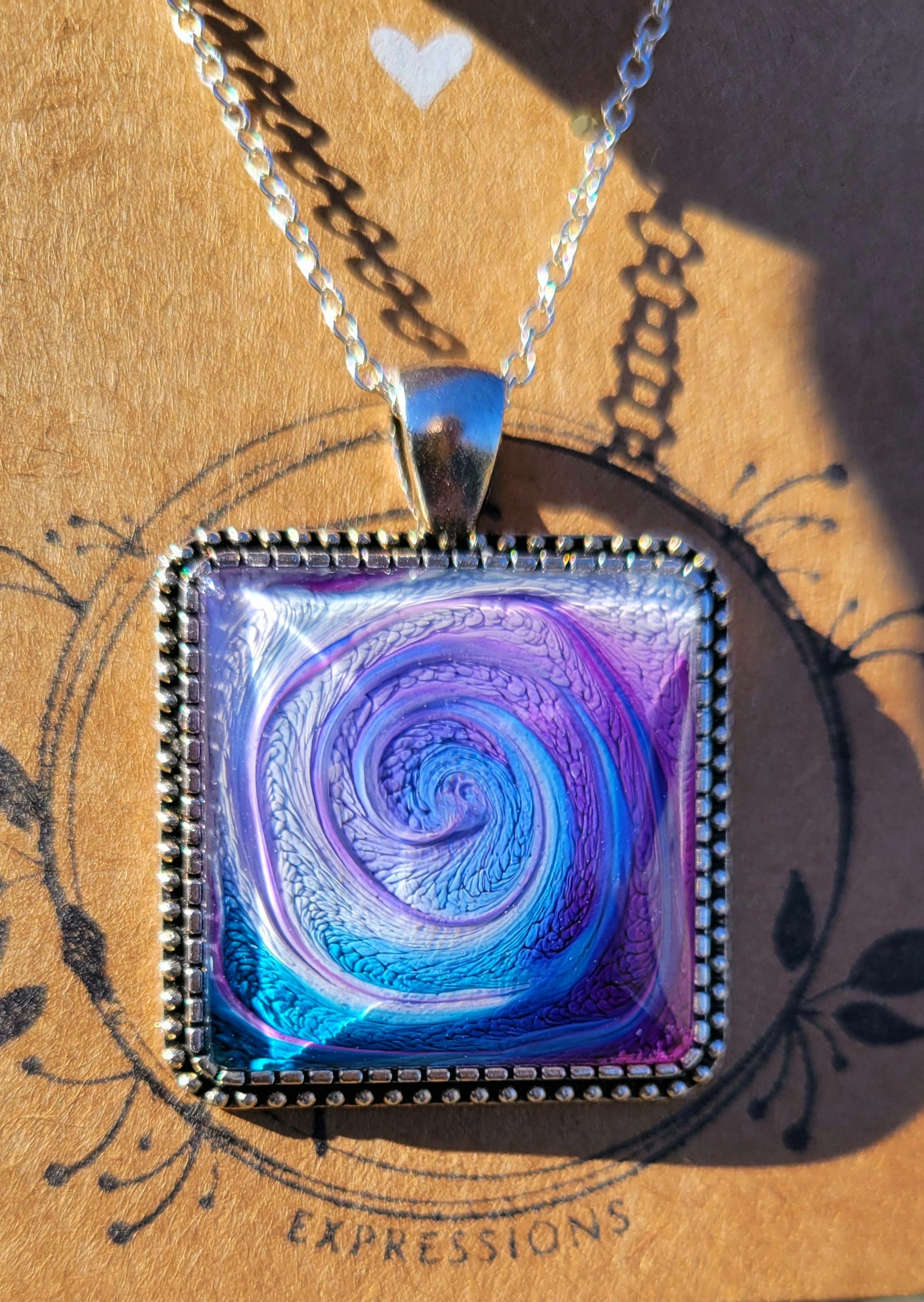 Handmade Resin Art Square Pendant with a Silver Plated Necklace