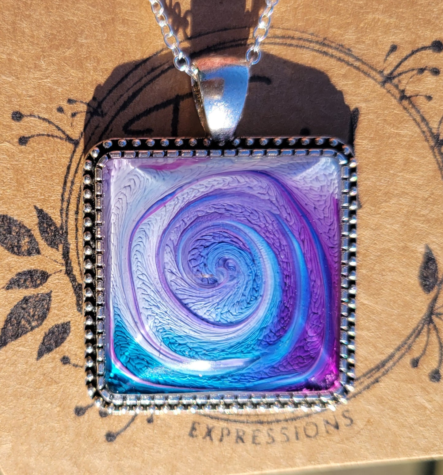 Handmade Resin Art Square Pendant with a Silver Plated Necklace Chain