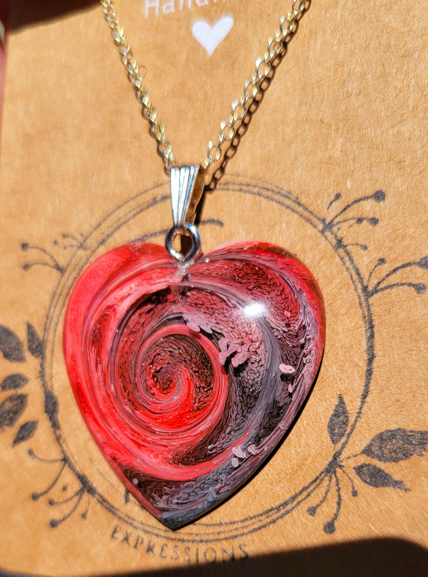 Handmade Resin Art Heart Pendant with 20 inch Silver chain