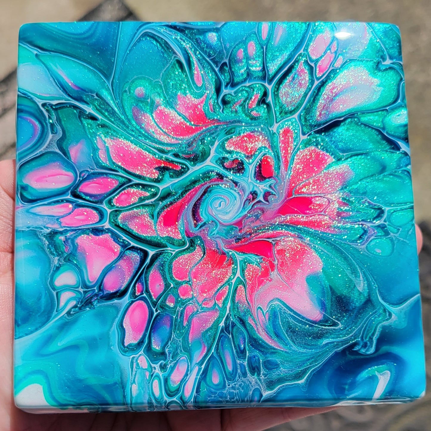 Fluid Art Bloom on a 4.25 inch Tile/Coaster with Cork Bottom