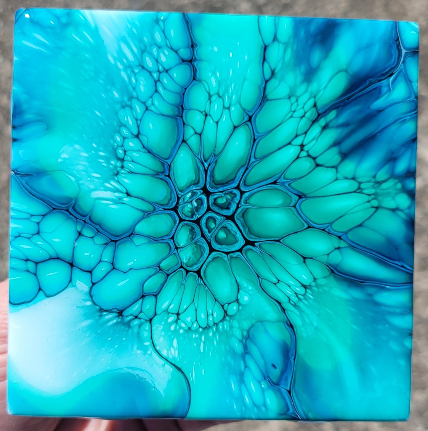 Fluid Art Bloom on a 4.25 inch Tile/Coaster with Cork Bottom