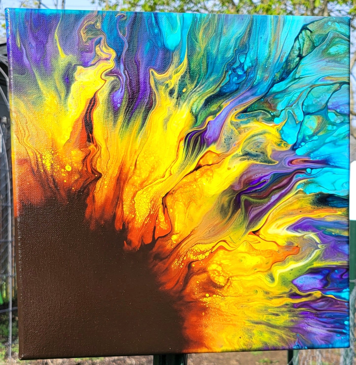 Original Fluid Art Sunflower Painting 12x12 Inch Canvas