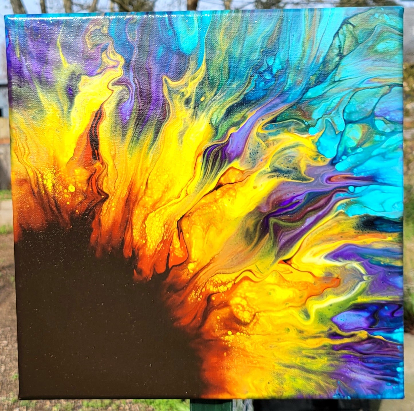 Original Fluid Art Sunflower Painting 12x12 Inch Canvas