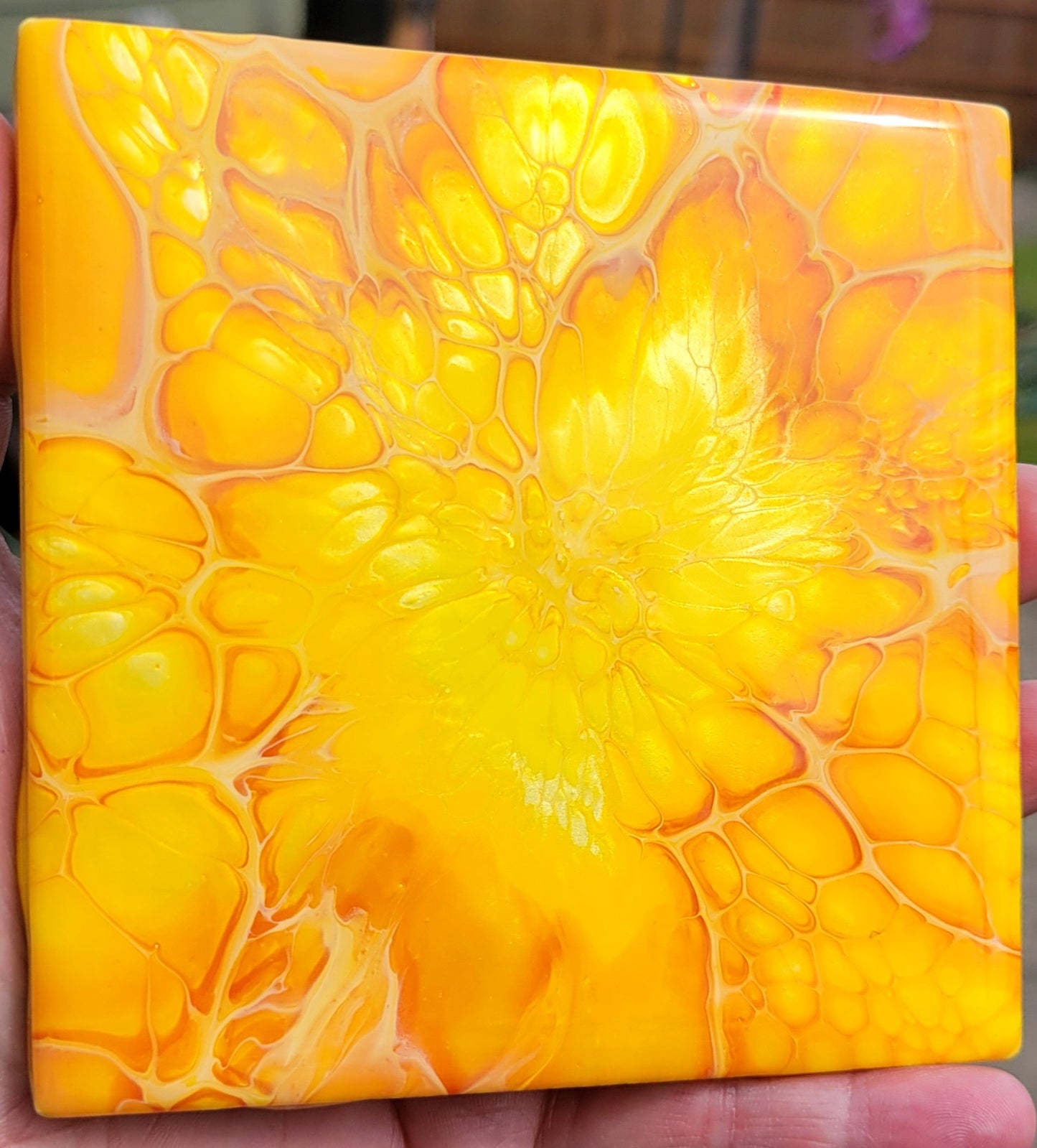 Fluid Art Bloom on a 4.25 inch Tile/Coaster with Cork Bottom