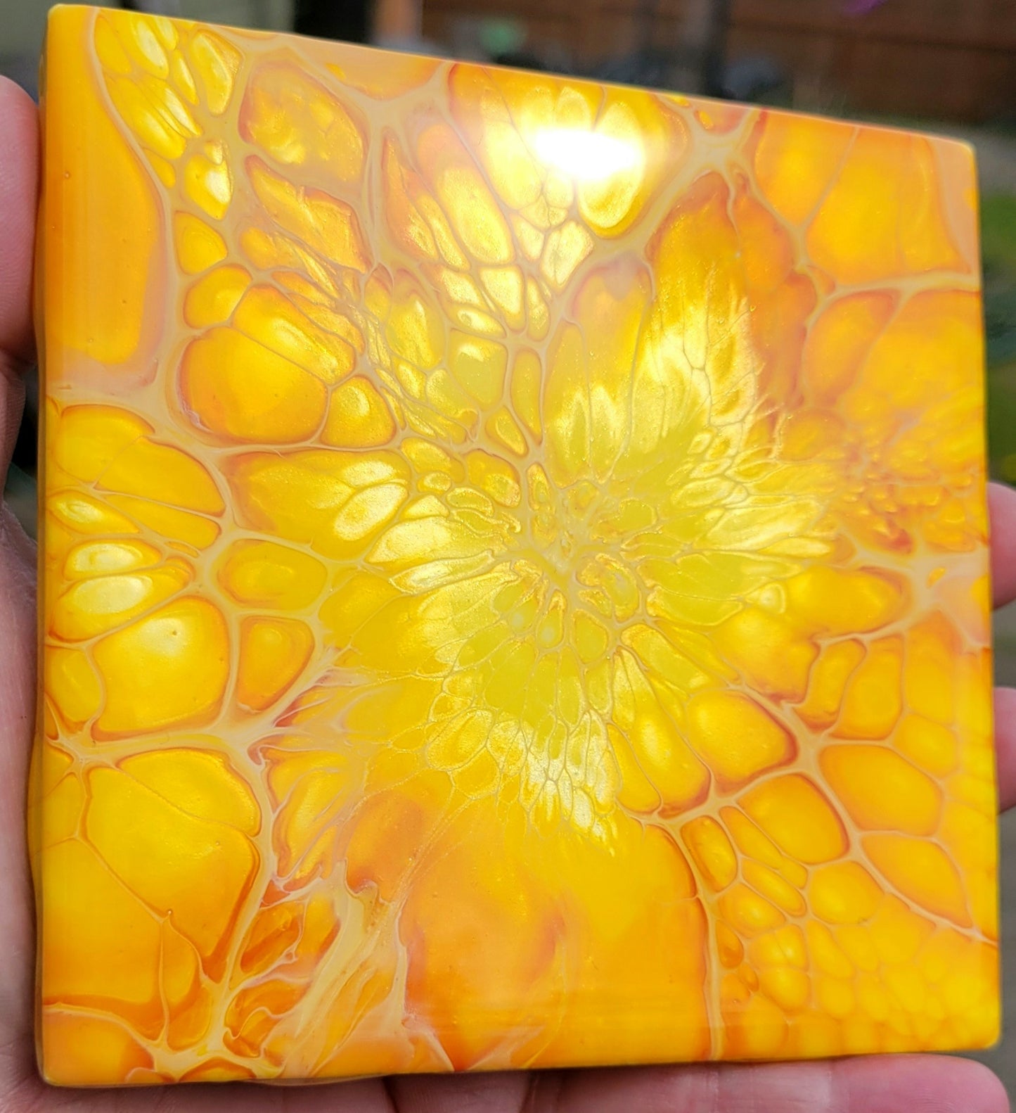 Fluid Art Bloom on a 4.25 inch Tile/Coaster with Cork Bottom