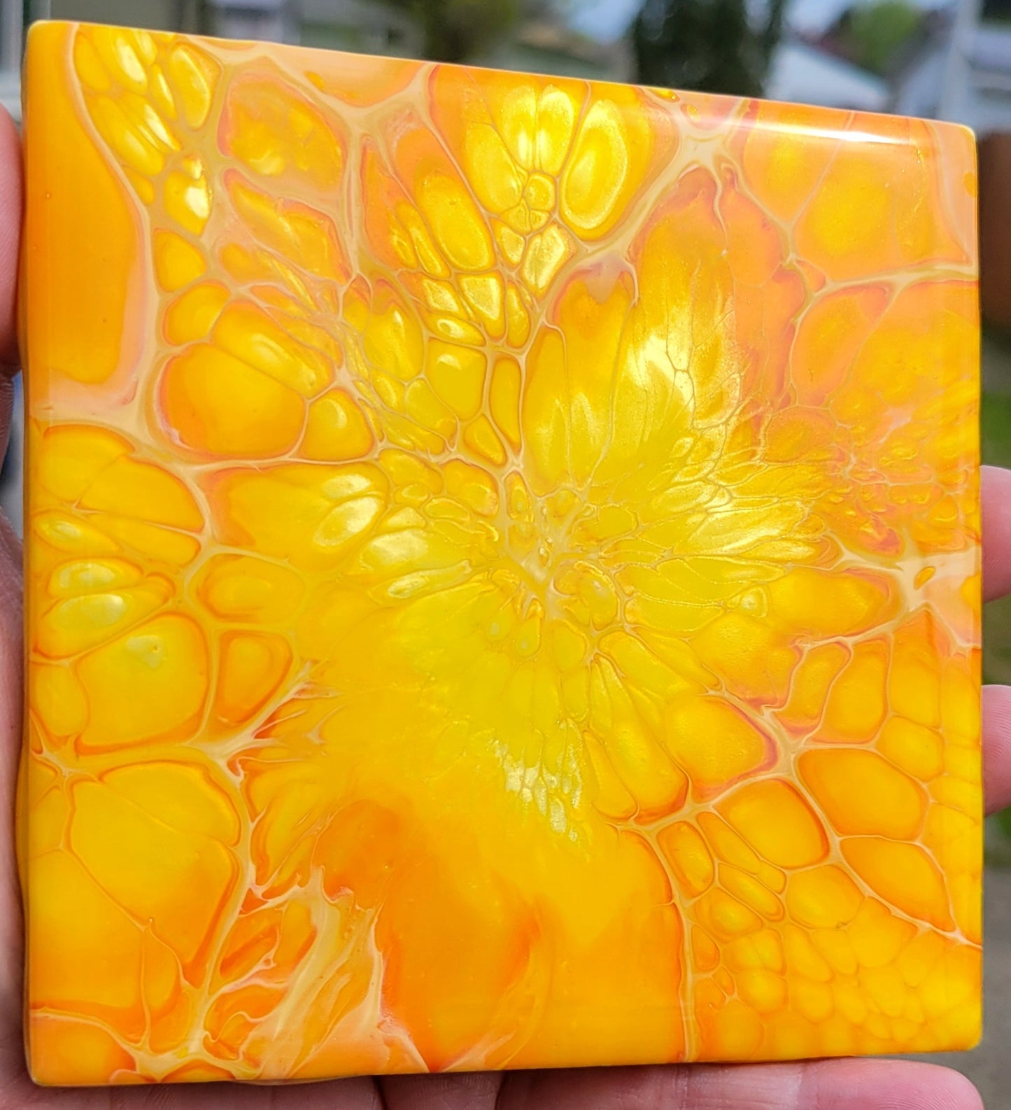 Fluid Art Bloom on a 4.25 inch Tile/Coaster with Cork Bottom
