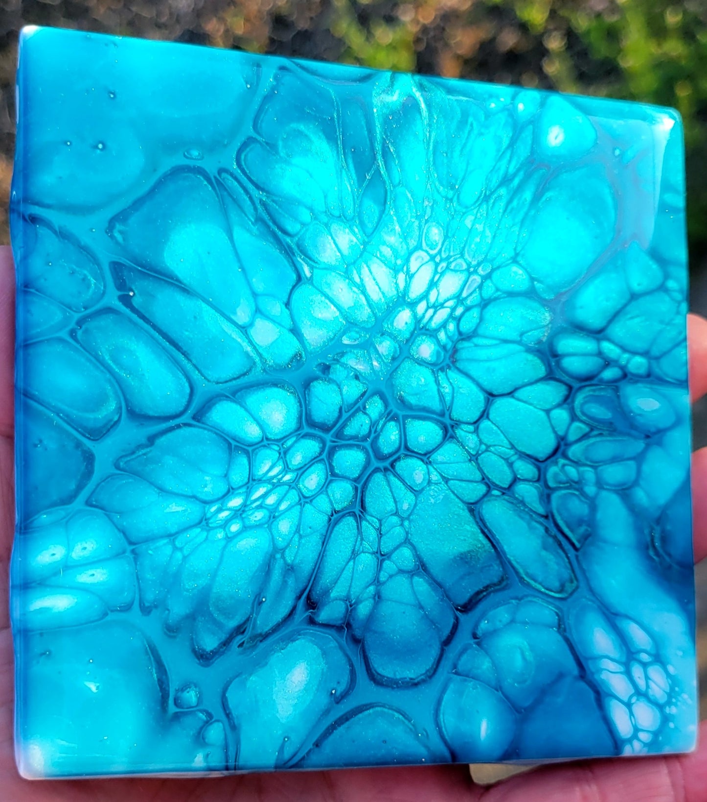 Fluid Art Bloom on a 4.25 inch Tile/Coaster with Cork Bottom