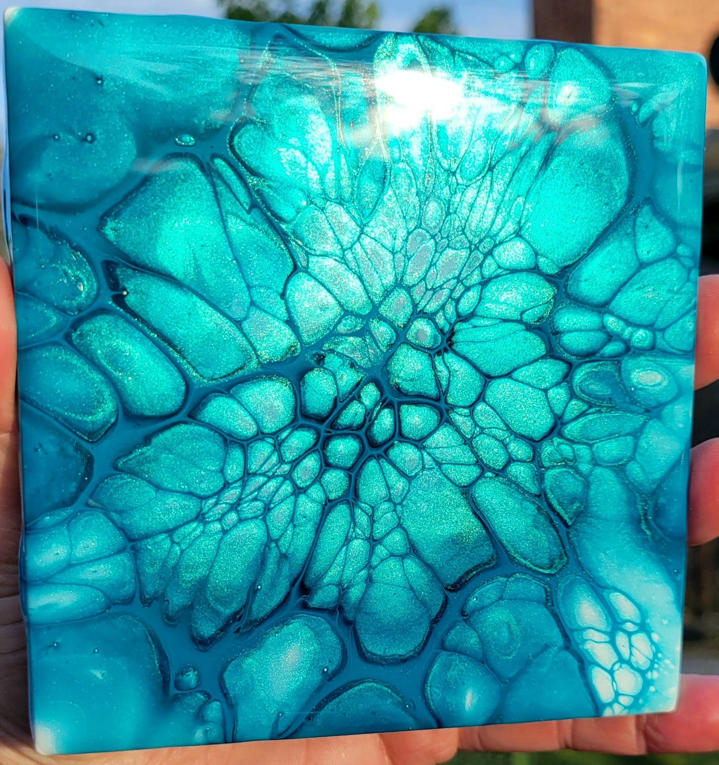 Fluid Art Bloom on a 4.25 inch Tile/Coaster with Cork Bottom